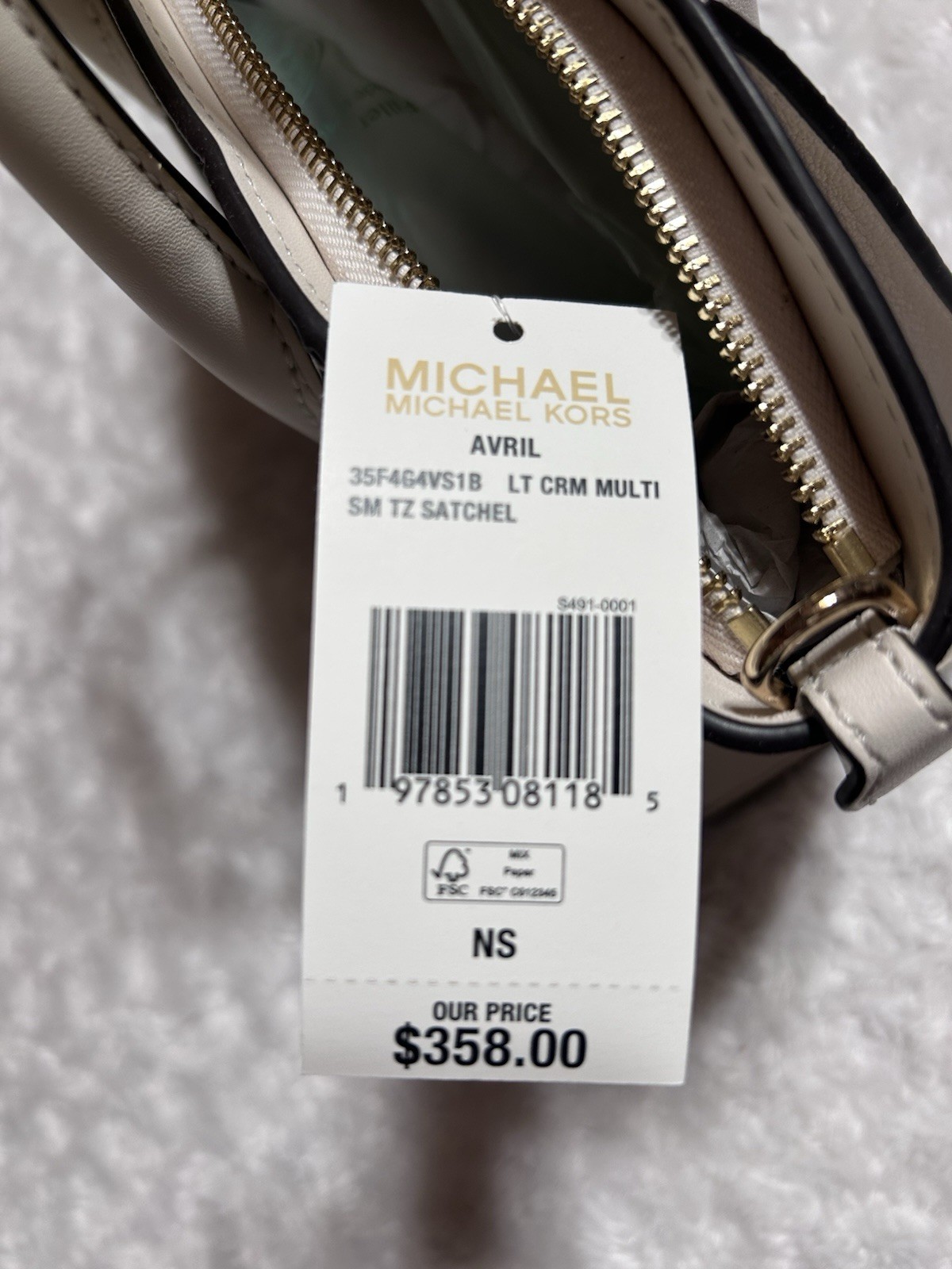 Michael Kors Avril Small Top Zip Satchel Cream/Gray Monogram Logo Strap Charm
