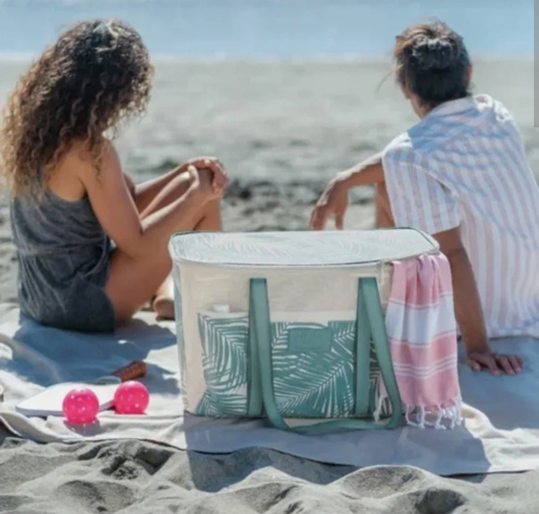 Aloha CleverMade Collapsible Mesh Paneled Beach Tote Green Beige Tropical Zip