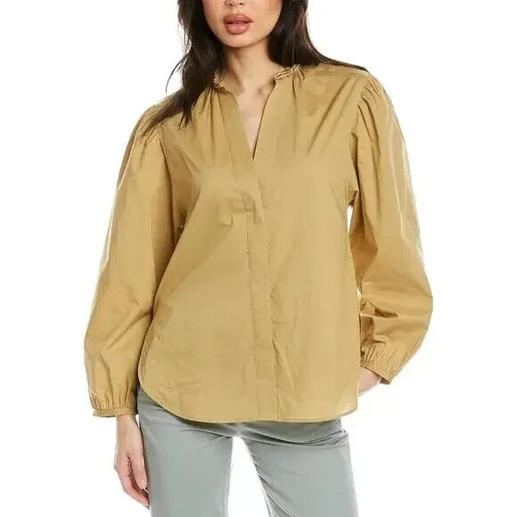 NWT Vince Women’s Braid Trim Band Collar Blouse Button Down in Jute Tan Size L