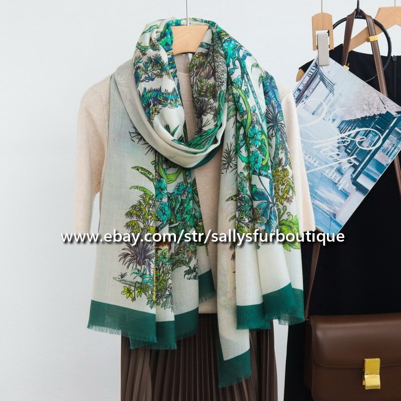 Sallys 200s Cashmere Thin Scarf Wrap Shawl Star Jungle Print Delicate 78″*39″