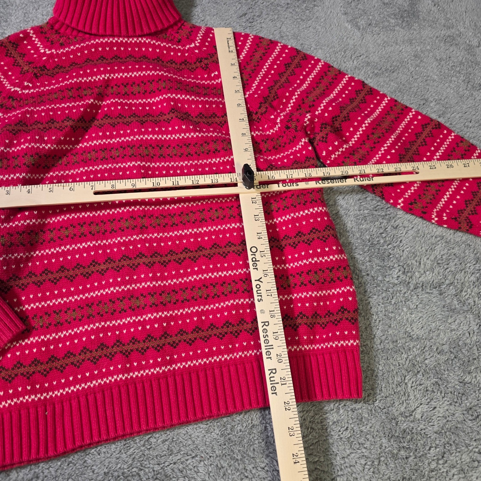 Lands End Womens L 14-16 Turtleneck Sweater Red Fair Isle Cotton Raglan Knit