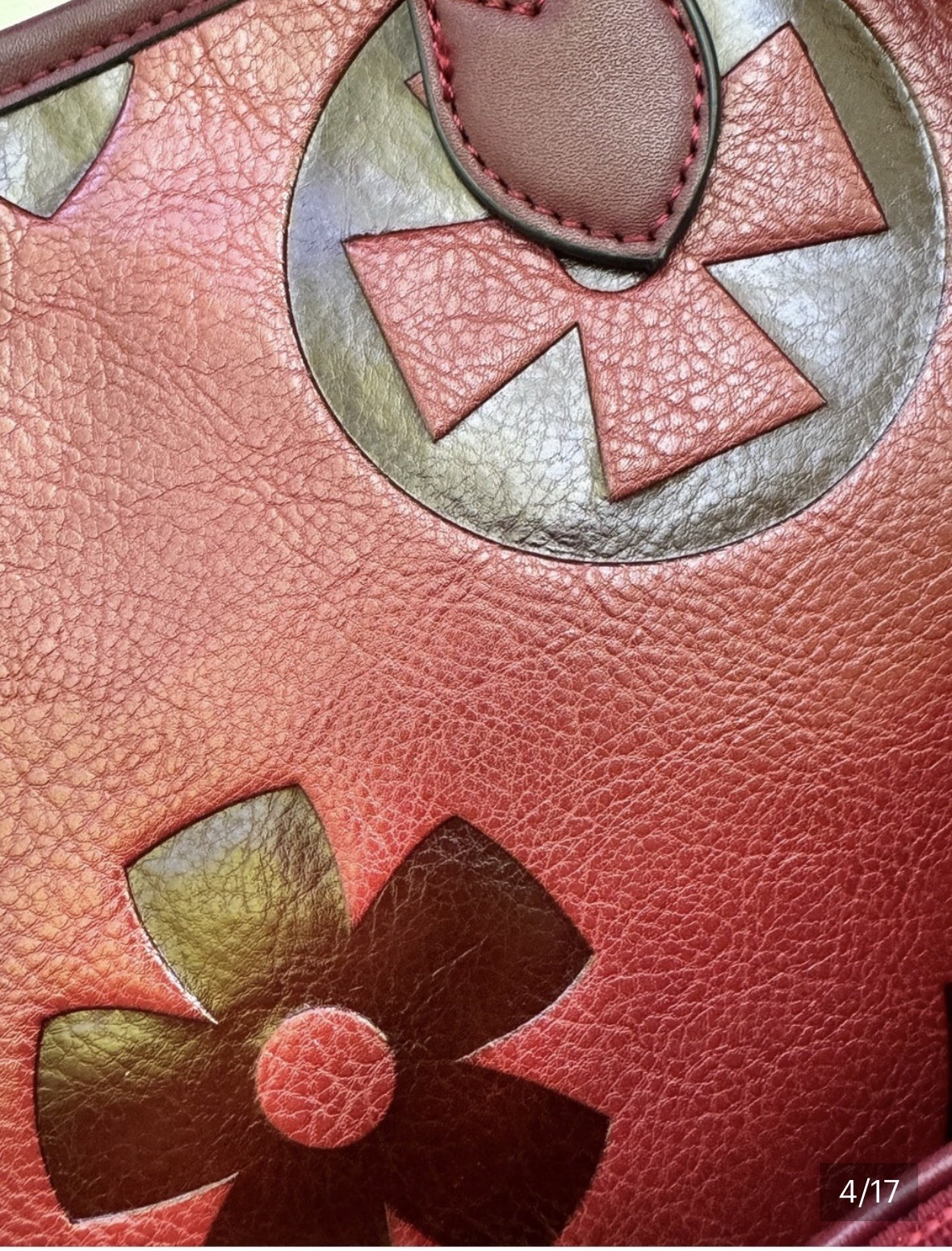 Red embossed floral vegan leather tote w/ CB Strap & Zip Pouch