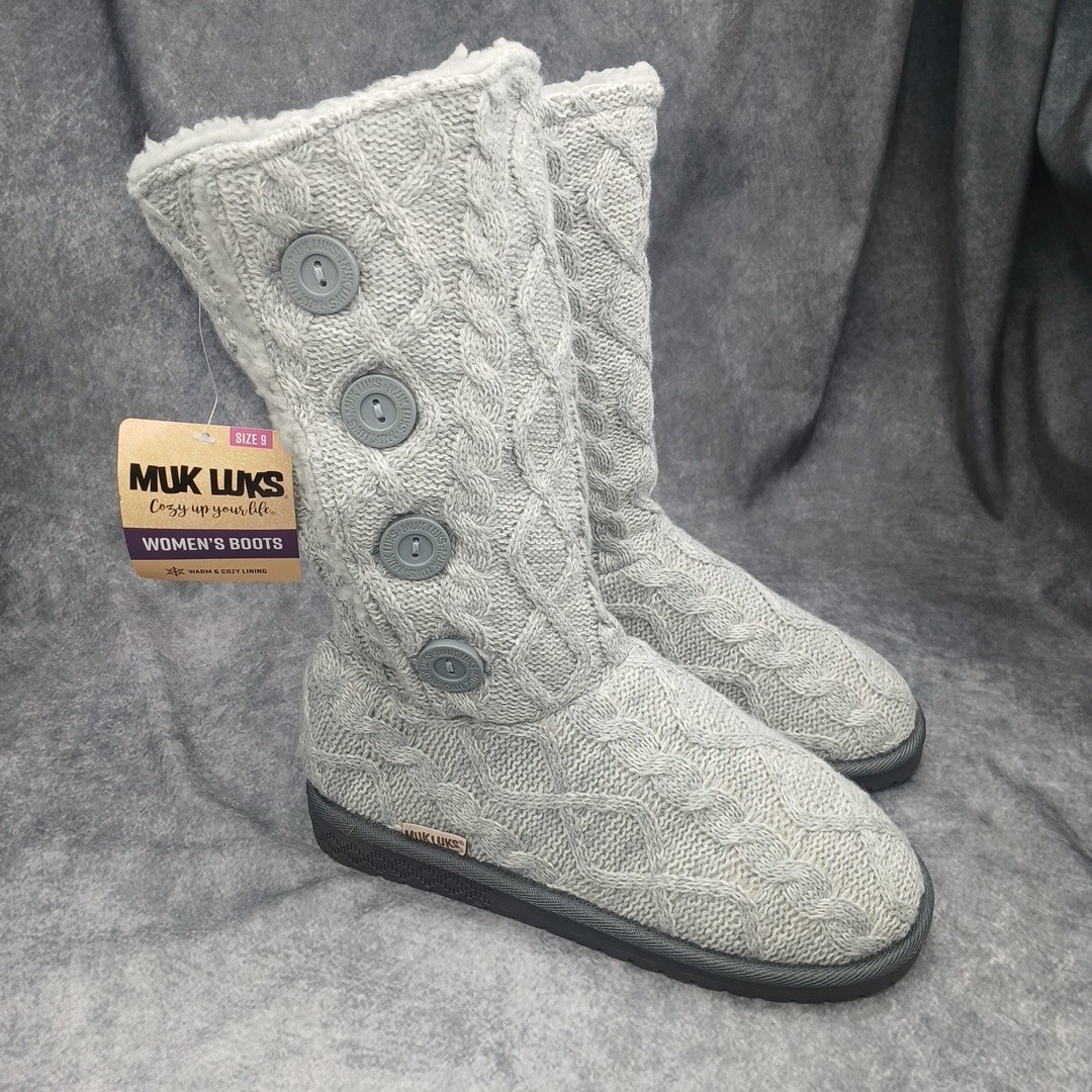 Muk Luks Lilyana Boots Womens 9 Gray Cable Knit Faux Fur Lined Comfort Shoes