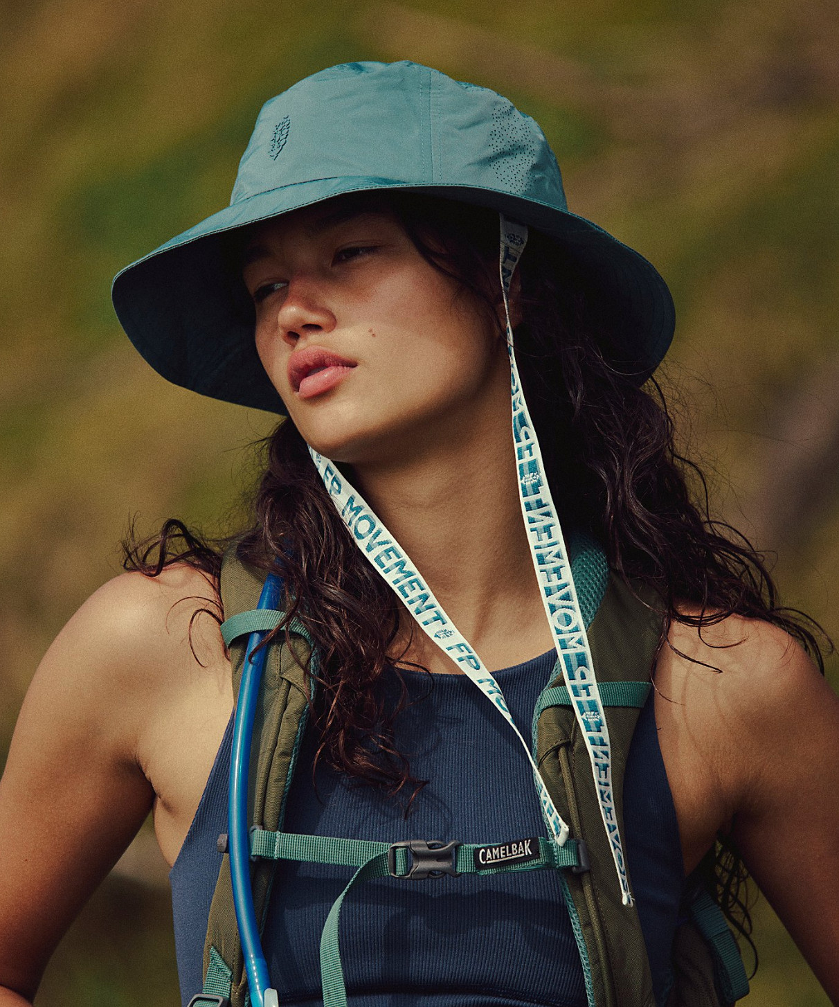 NEW FREE PEOPLE FP MOVEMENT BLUE ADVENTURE LOGO STRAP BUCKET HAT