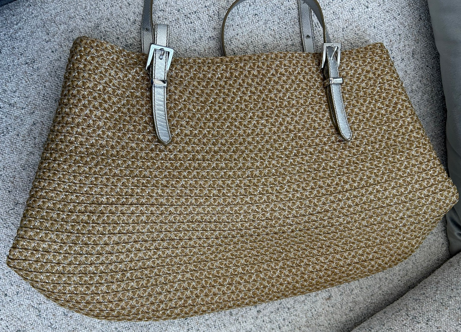 ERIC JAVITS Straw Shoulder Bag Pewter Leather Trim Silver Hardware Vary Clean EJ
