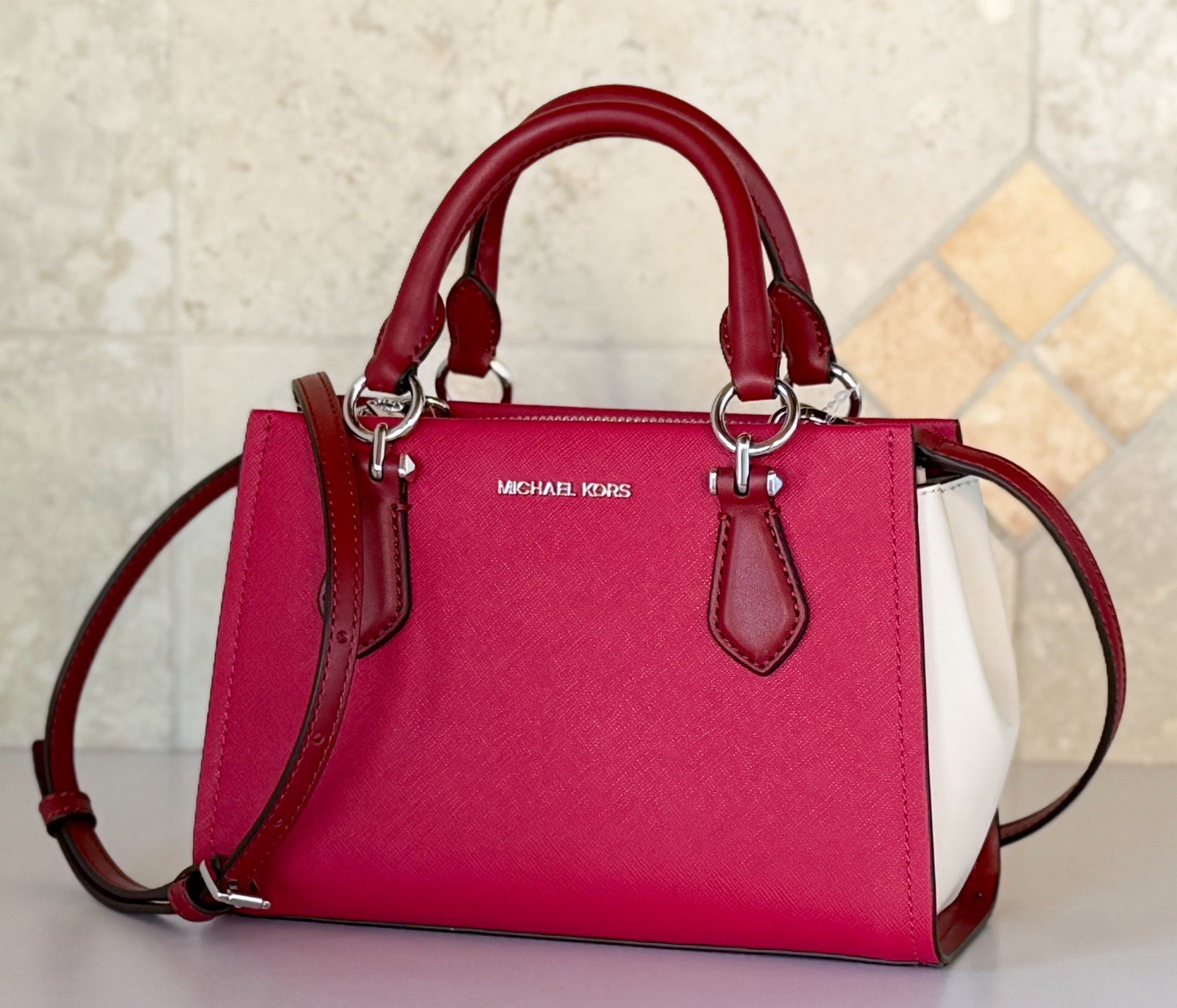 Michael Kors Marilyn Small Satchel Shoulder Bag Color-Block Dark Raspberry Multi
