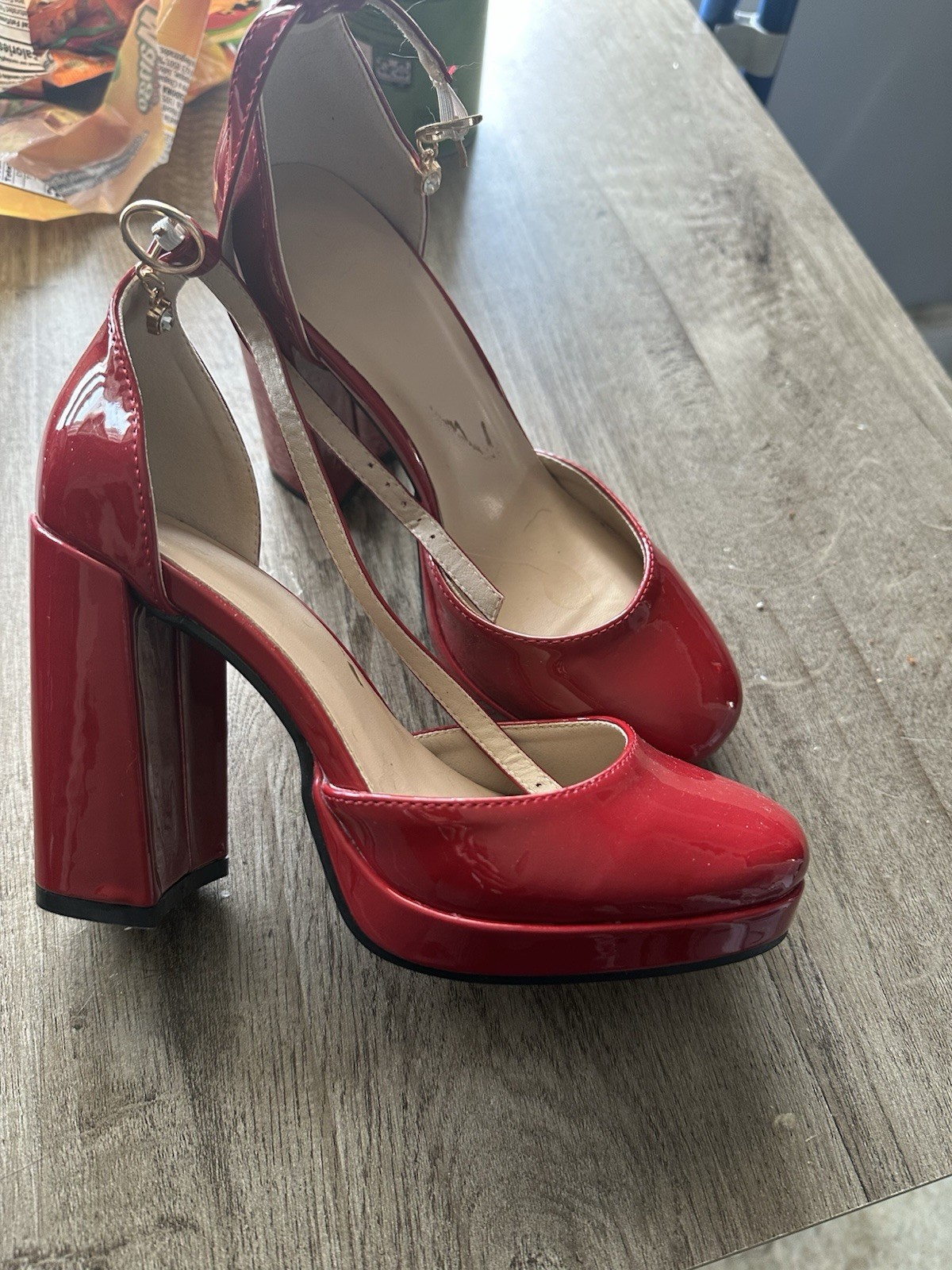 Women’s Red Patent Leather Strappy Ankle Strap Round Toe Block Heel Pumps 6.5