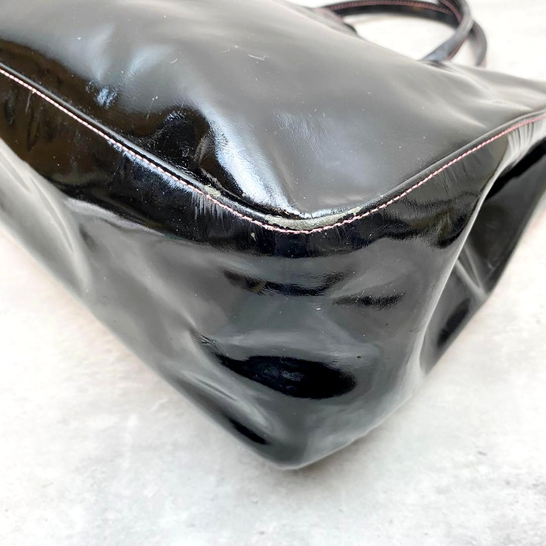 Longchamp Roseau Tote Bag Black Patent Leather A4 Documents Work 13.7in Auth