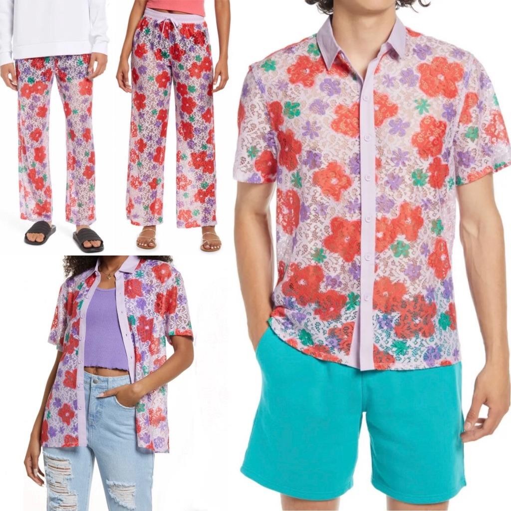 BP. Gender Neutral Gay Pride Unisex Shirt Pant Set XL Purple Red Floral Lace
