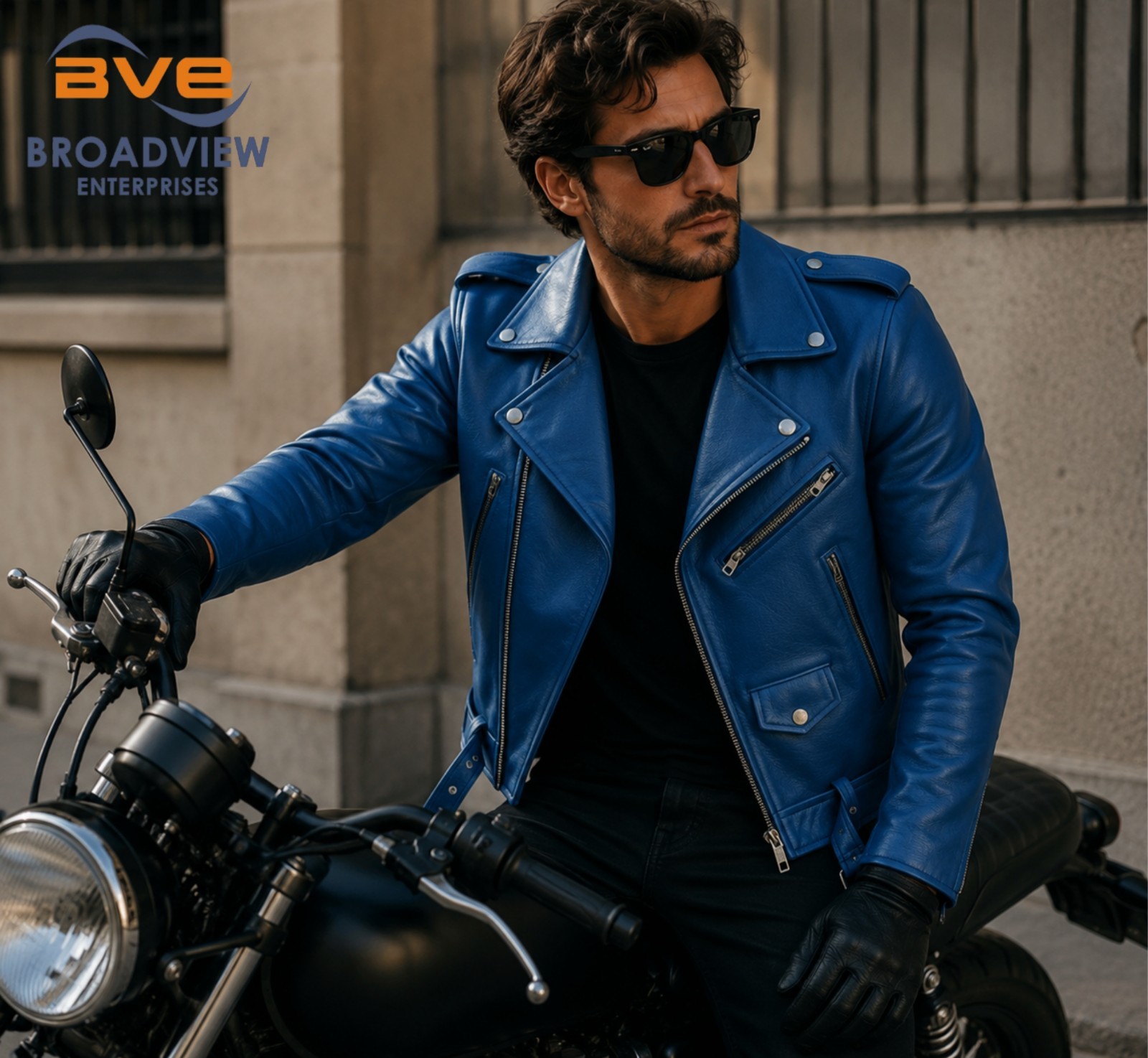 Men Blue Genuine Leather Biker Jacket Classic Brando Cross Zip Motorcycle Coat