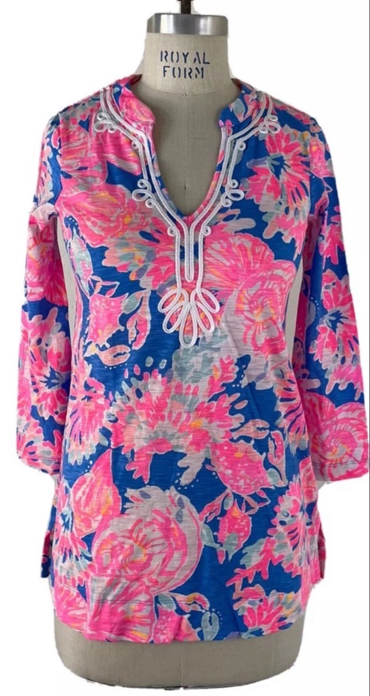 Lilly Pulitzer Kaia Knit Tunic Shirt BAY DREAMIN Pink Blue Pima Cotton M