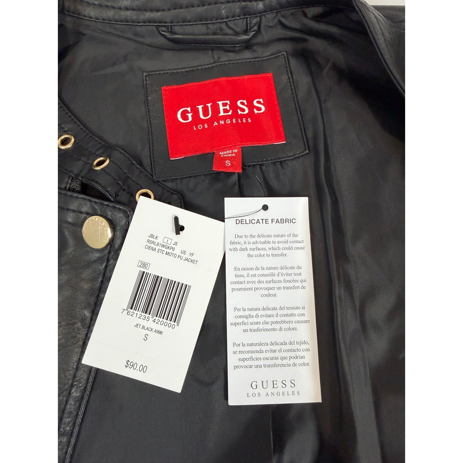 GUESS Ciena STC Moto PU Jacket Jet Black Lace Up Faux Leather R5RL61WGKP0 Size S