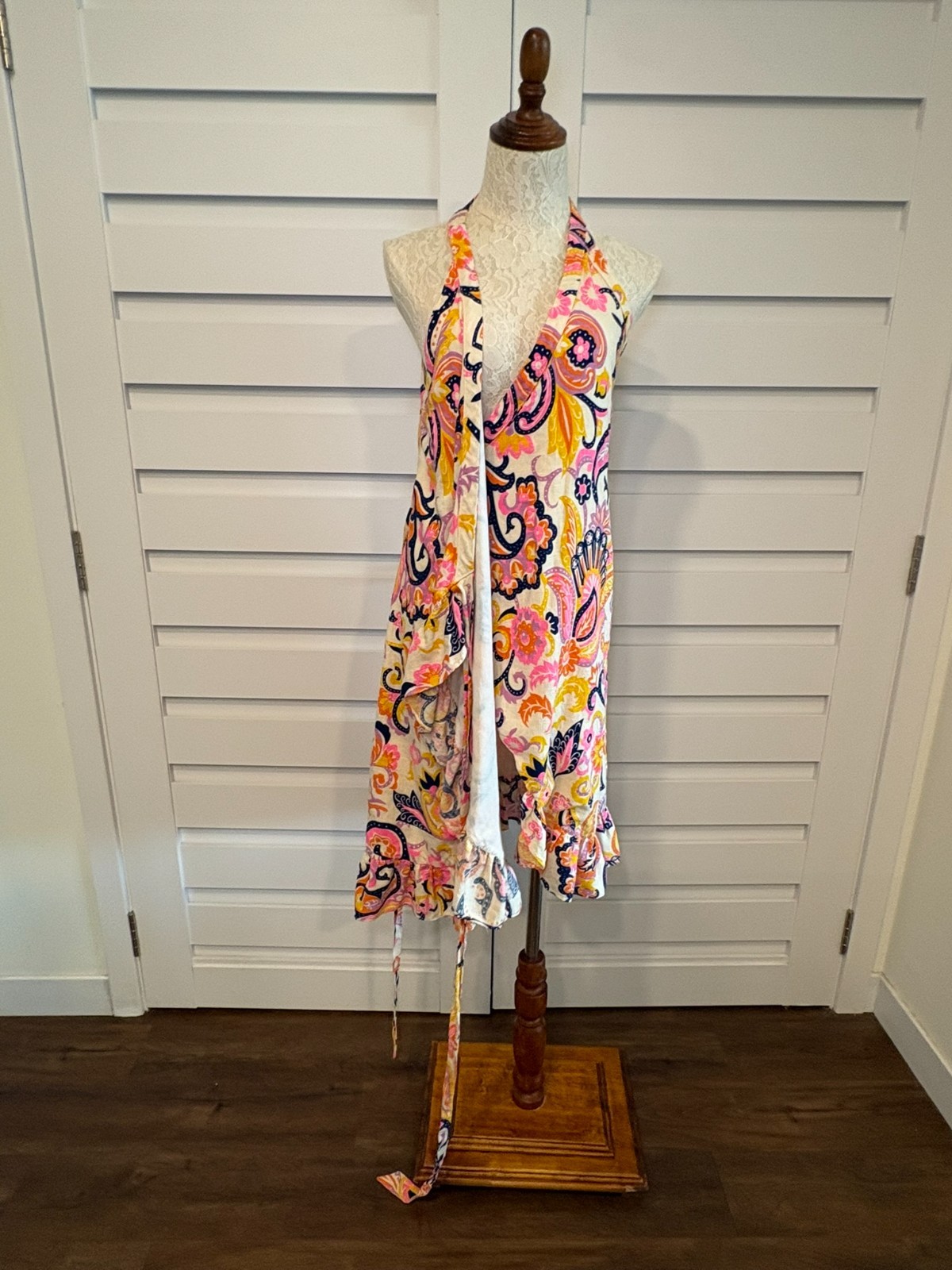 JB By Julie Brown Kaylah Paisley Linen Blend Halter Wrap Rush Midi Dress L