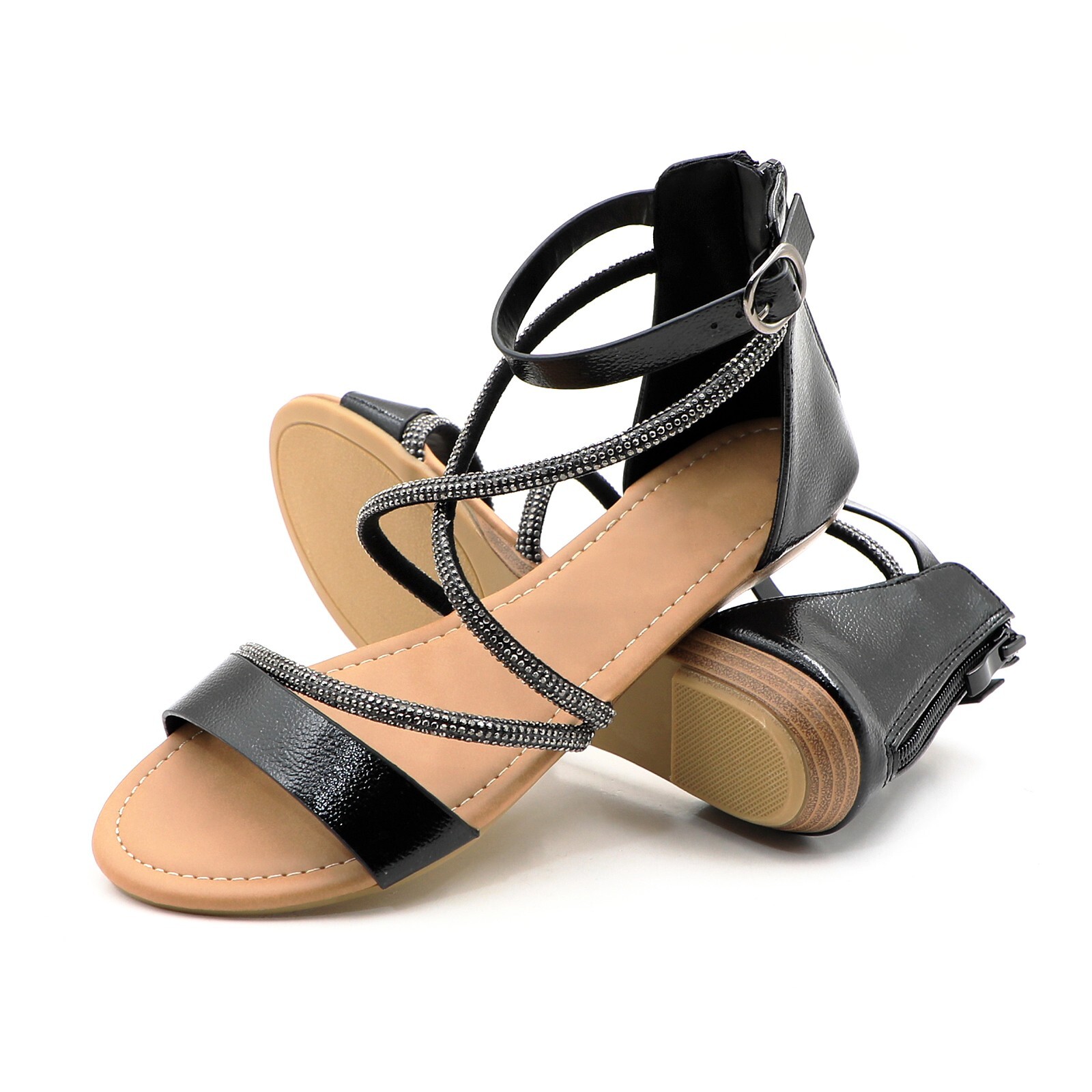 Glaze Women’s Strappy Flat Sandals with Rhinestone Straps Back Zipper Closure