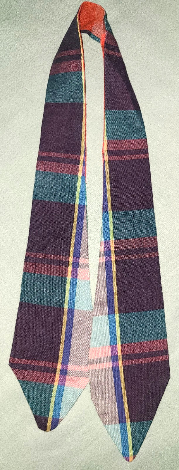 Vtg cotton Madras plaid multicolor reversible tie, red blue purple green