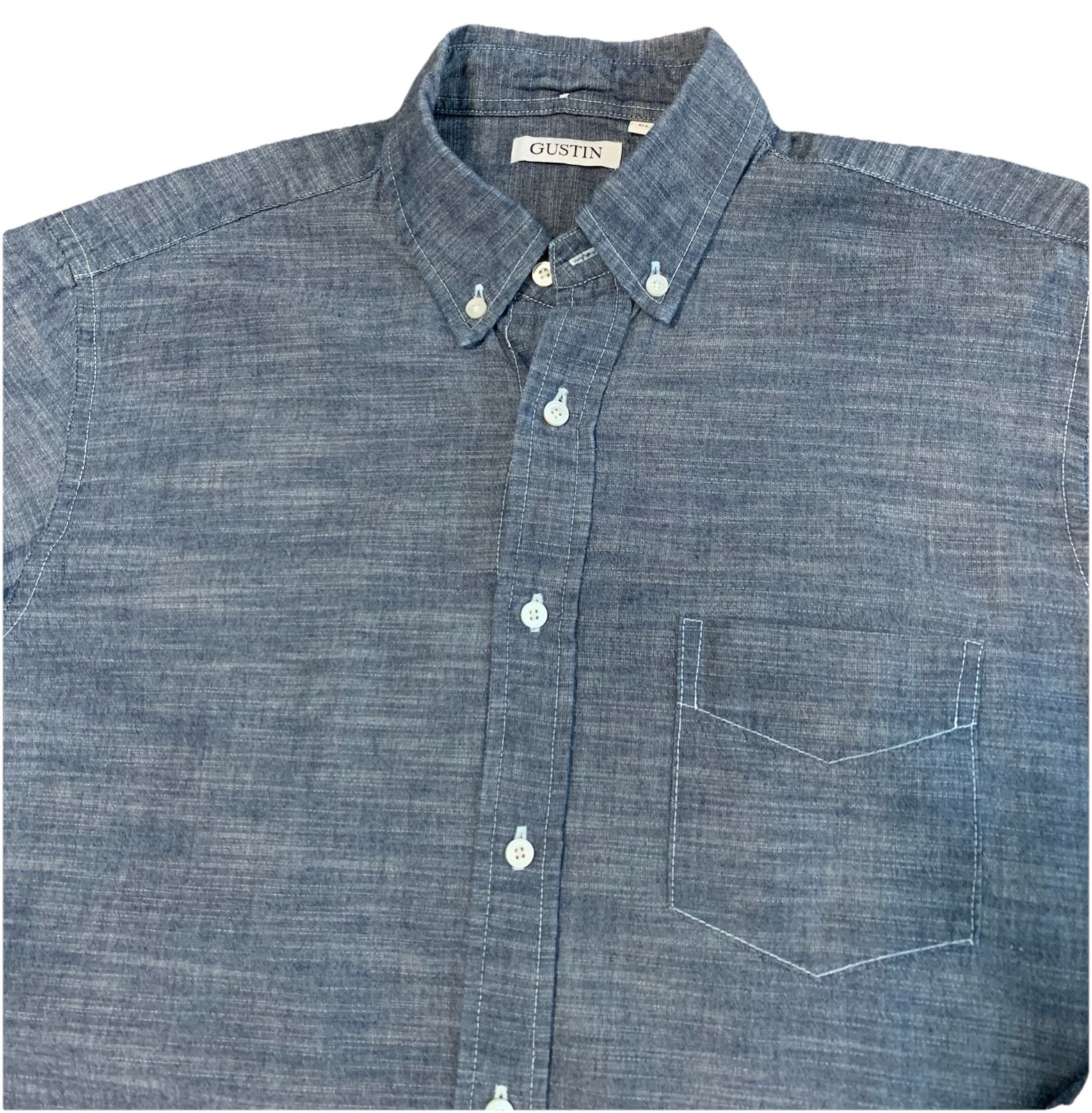 EUC Gustin Chambray Button Down Shirt Mens L USA Made Long Sleeve 100% Cotton