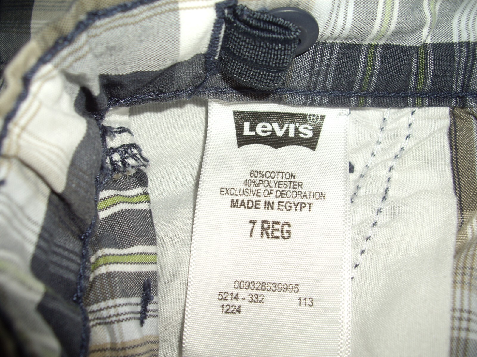 T7 EEUC Boys Size 7 Reg Levi’s Plaid Cargo Shorts Black Gray Tan White Pockets