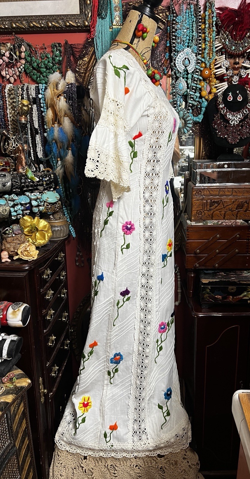 Beautiful White Pin tuck With Multi Color Embroidery & Ivory Crochet Dress S/M