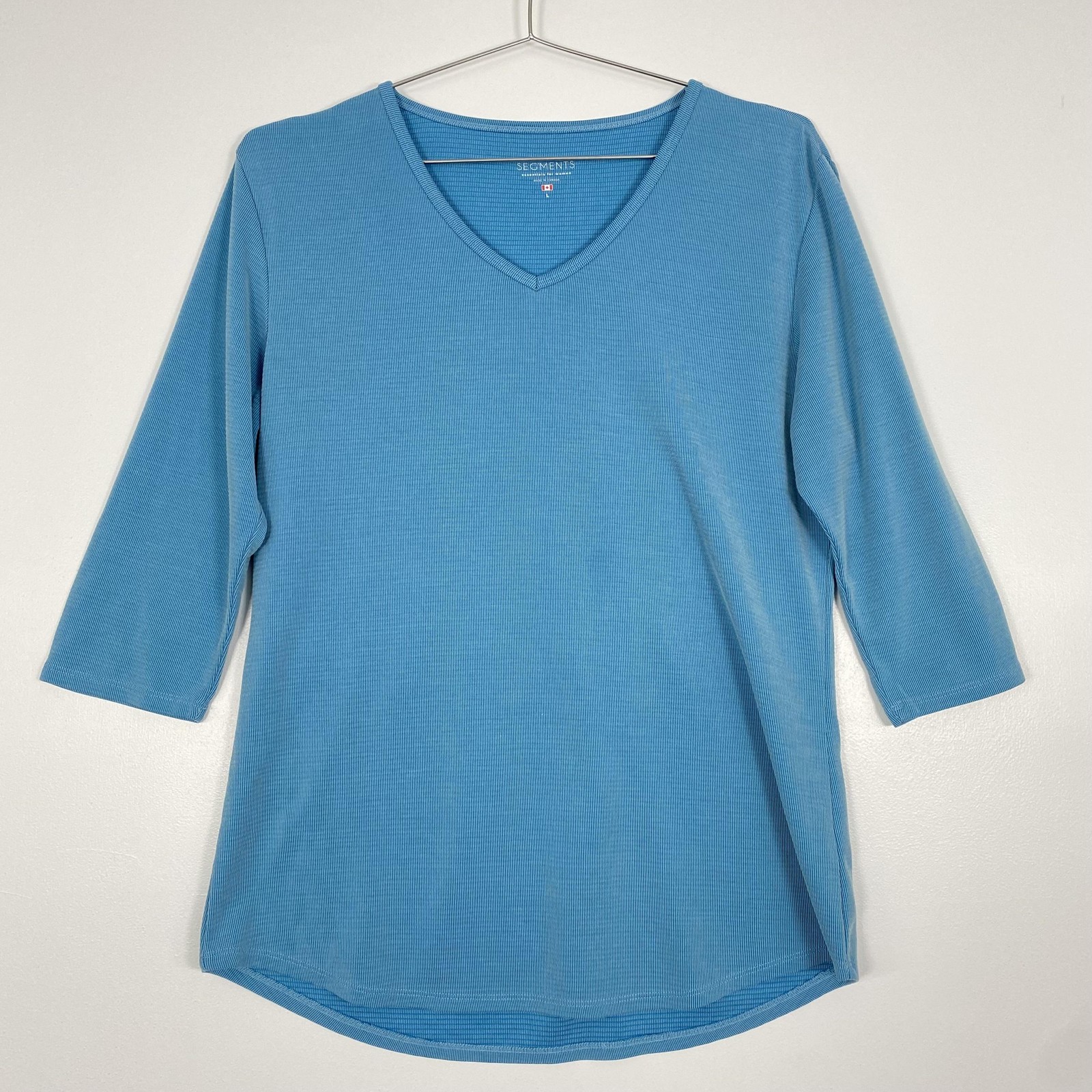 SEG’MENTS Shirt Womens Large Blue Tencel 3/4 Sleeve V Neck Textured Tunic Top