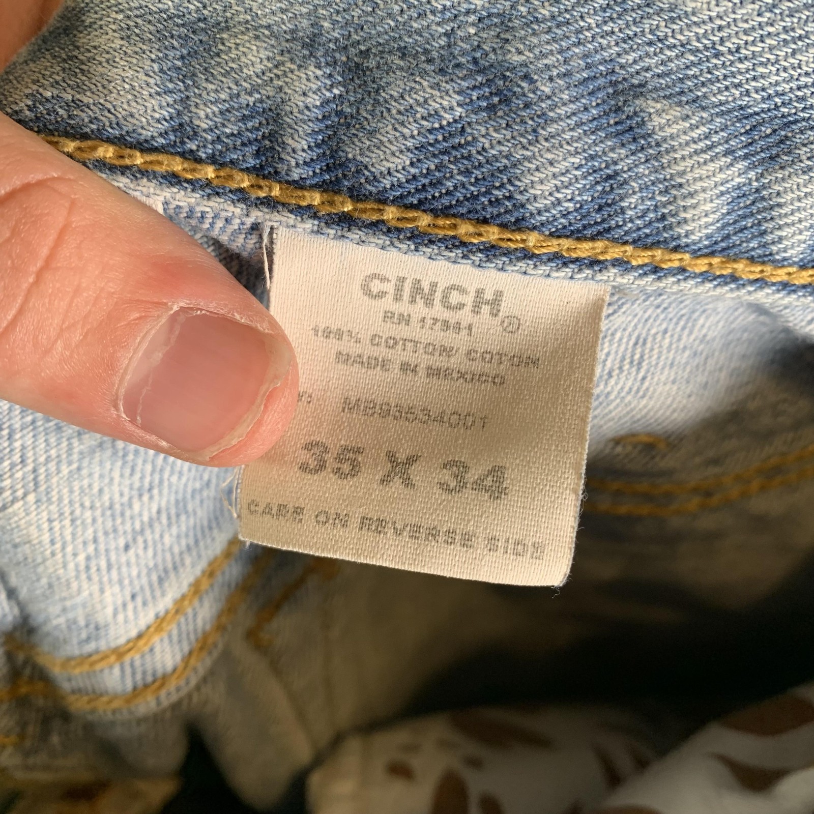 Cinch 003 White Label Rigid Jeans Mens 35×34 Blue Light Wash Stone Bootcut