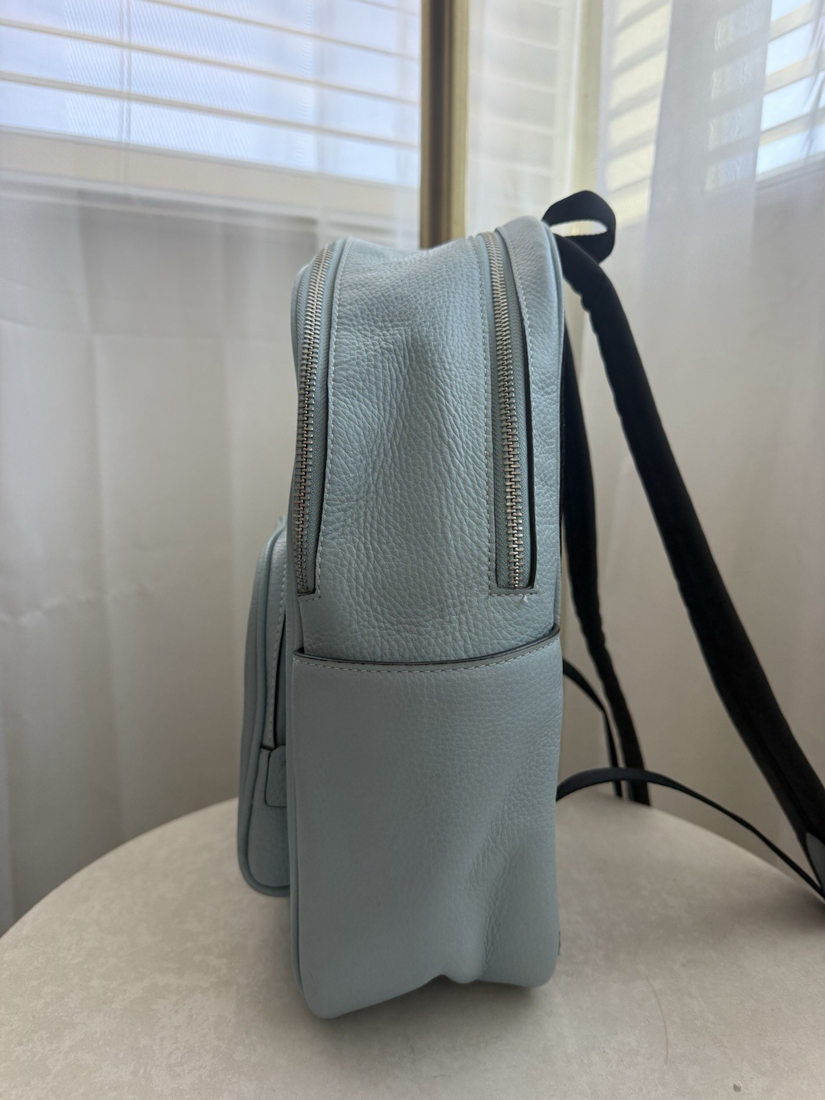 Coach Light Blue Pebbled Backpack Silver Hardware Zip Black Straps Pockets