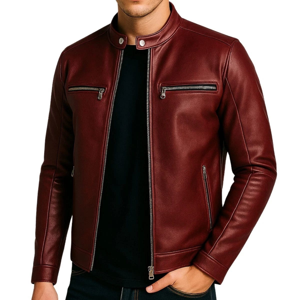 Men’s Fashion Leather Jacket Zip-Up Biker Bomber Coat – Red / Cream / Grey