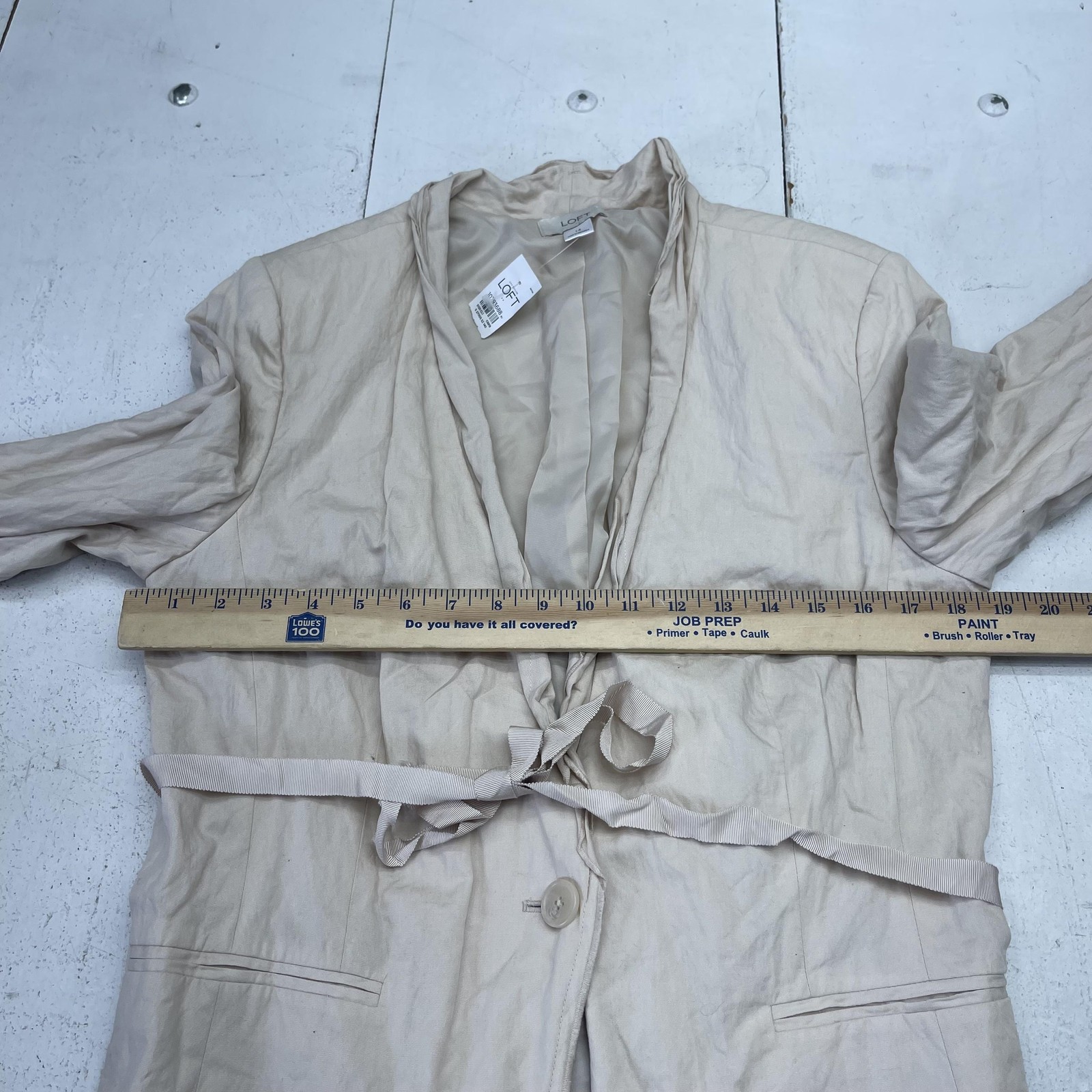 LOFT Blazer Jacket Womens 14 Beige Collarless Belted Tie Waist Lined Lightweight