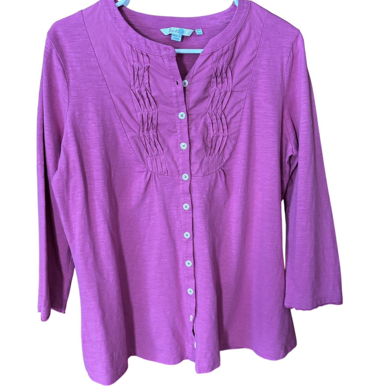 Boden Pintuck Pleated Button Front Tunic Top US 12 Berry Pink Cotton 3/4 Sleeve