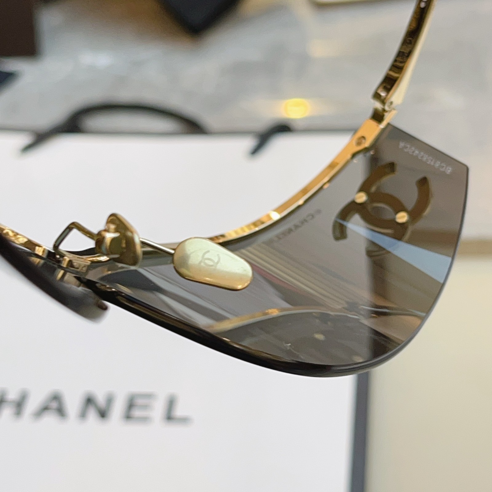 Chanel CH6058 Gold Shield Sunglasses Dark Grey Mirror Lens Large CC Logo Women