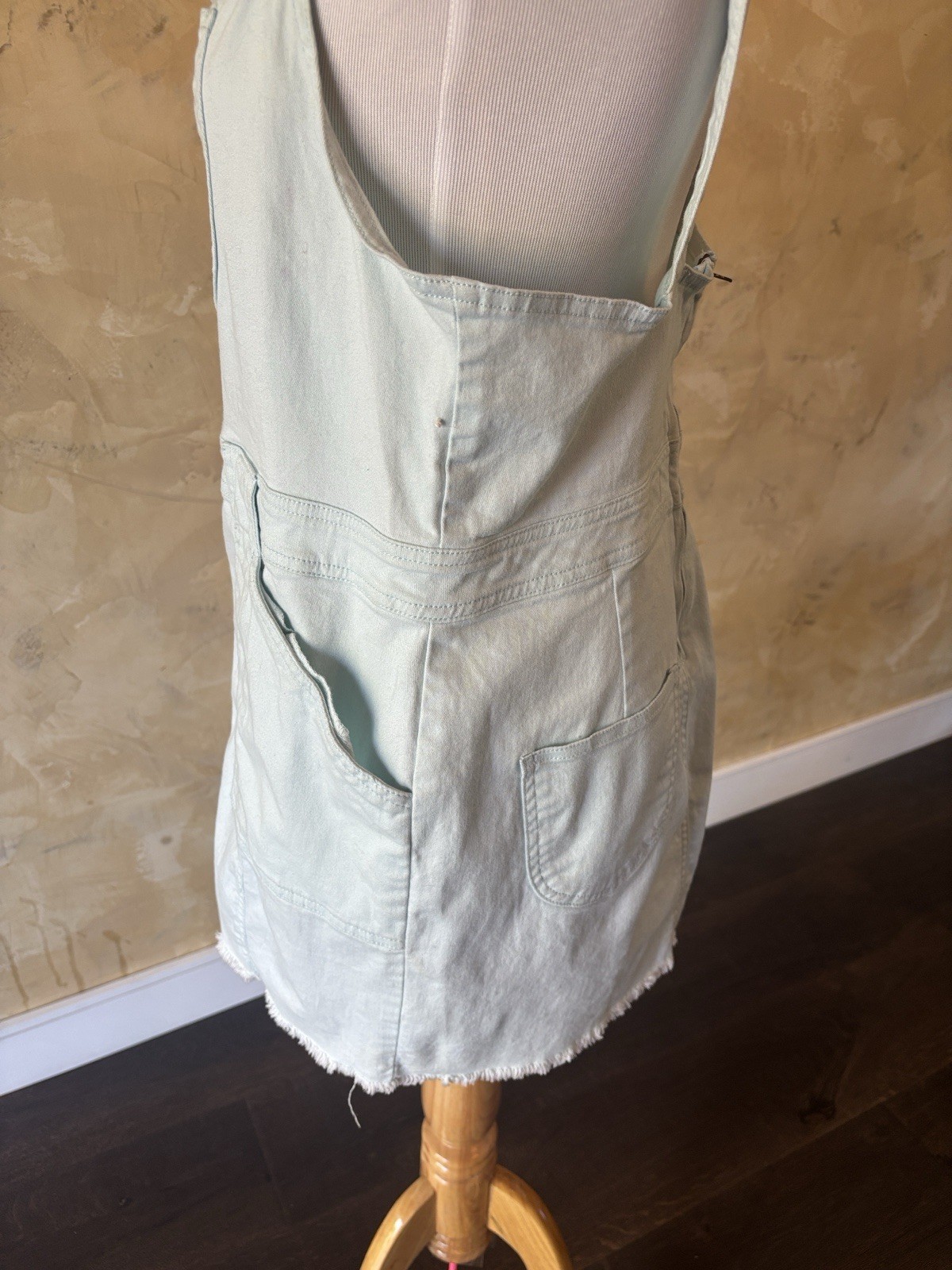 Dickies Light Blue Denim Overall Mini Dress Square Neck Zip Pockets Logo L