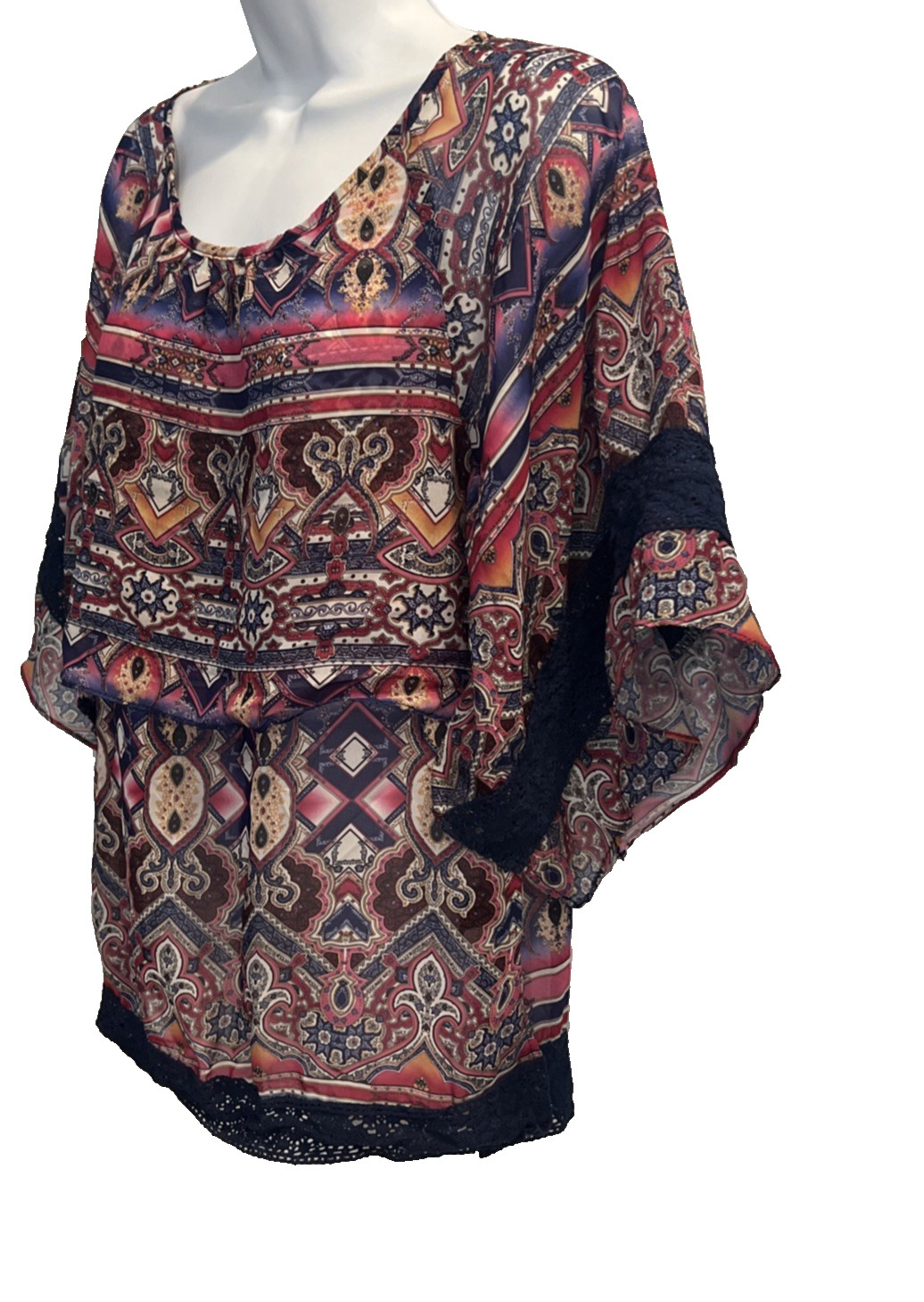 James Bryan Boho Paisley Print Kimono Top Size S Split Sleeve Blouse Lace Trim