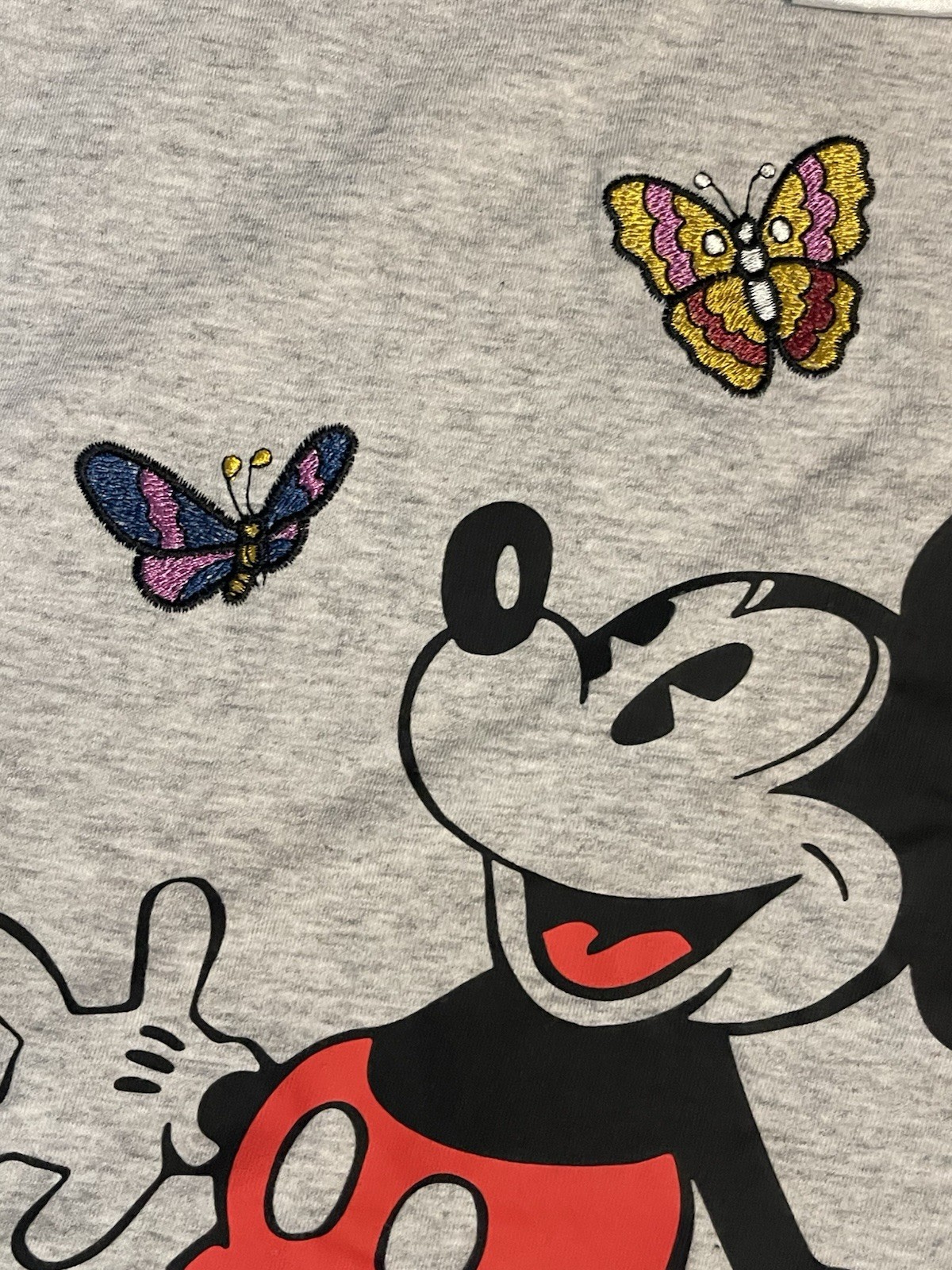Disney Mickey Mouse Heather Gray Tee Embroidery Flowers & Butterfly’s Size Large
