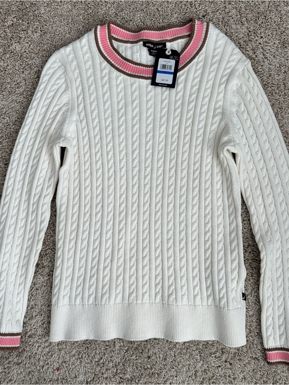 Nautica Cream Cable-Knit Crew Sweater with Pink & Brown Trim NWT