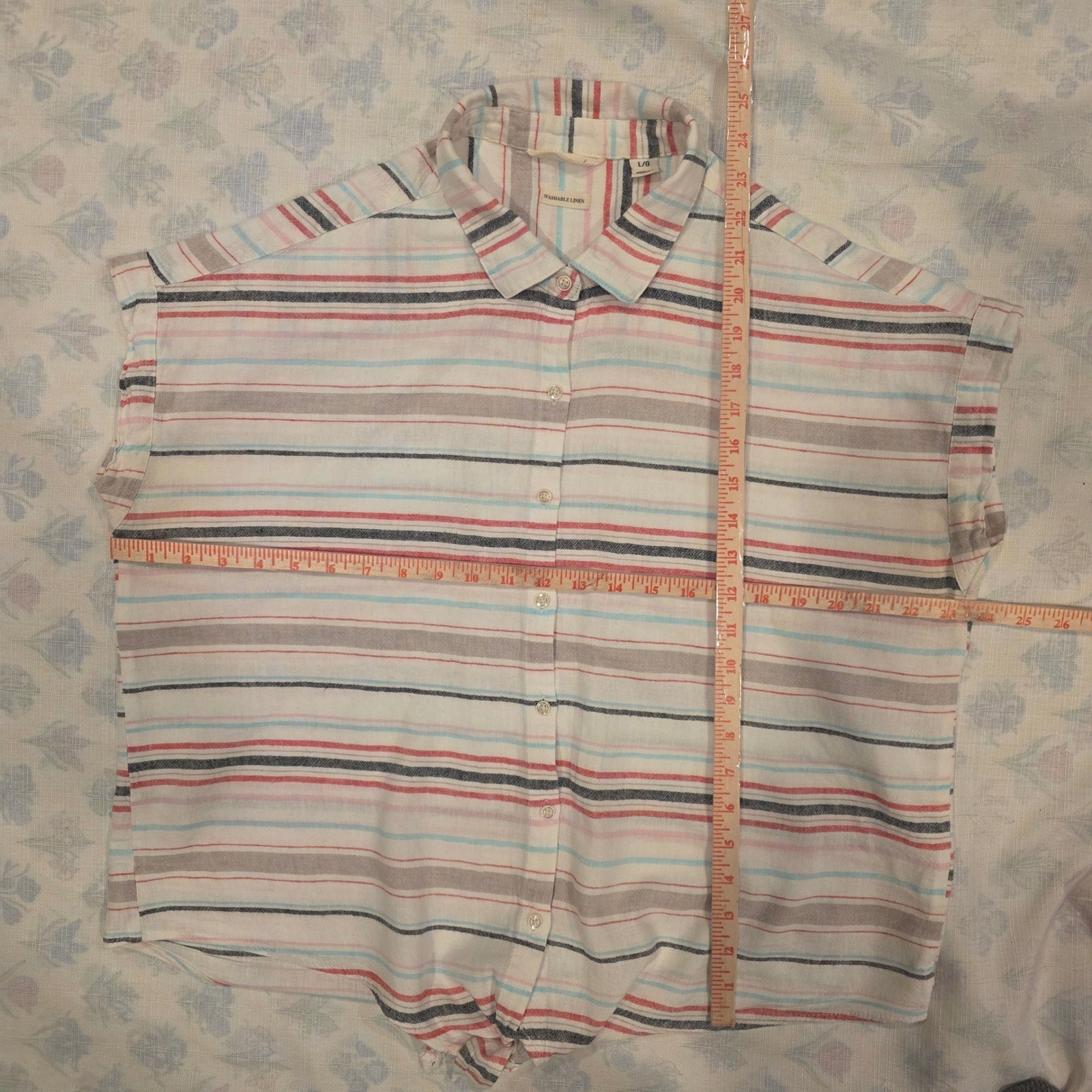 Lagenlook Weatherproof Wmns Large Linen Blnd Stripd Tie Front Shirt Multi-Color