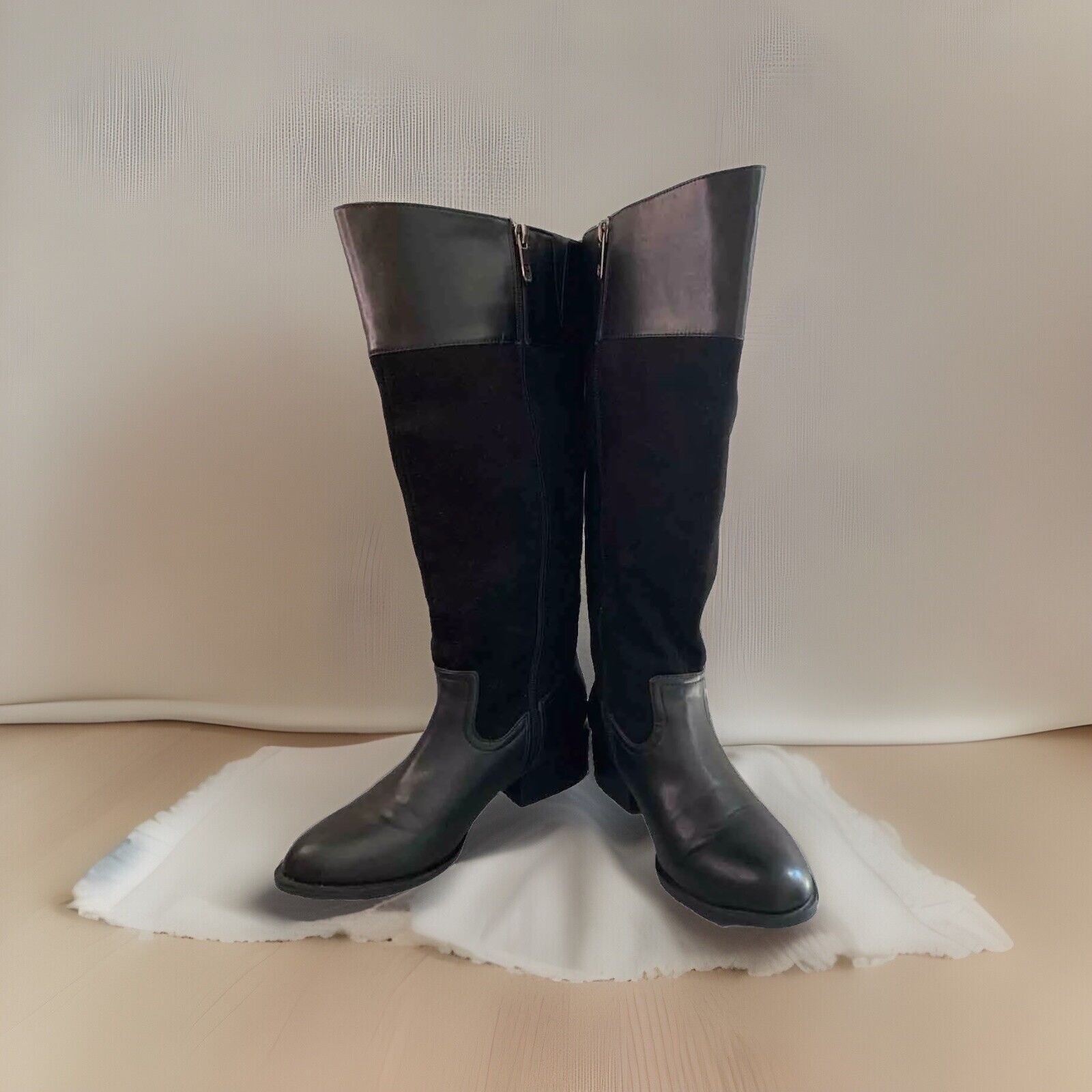 Tommy Hilfiger Riding Boots Womens 7.5M Black Leather Suede Knee High Logo Block