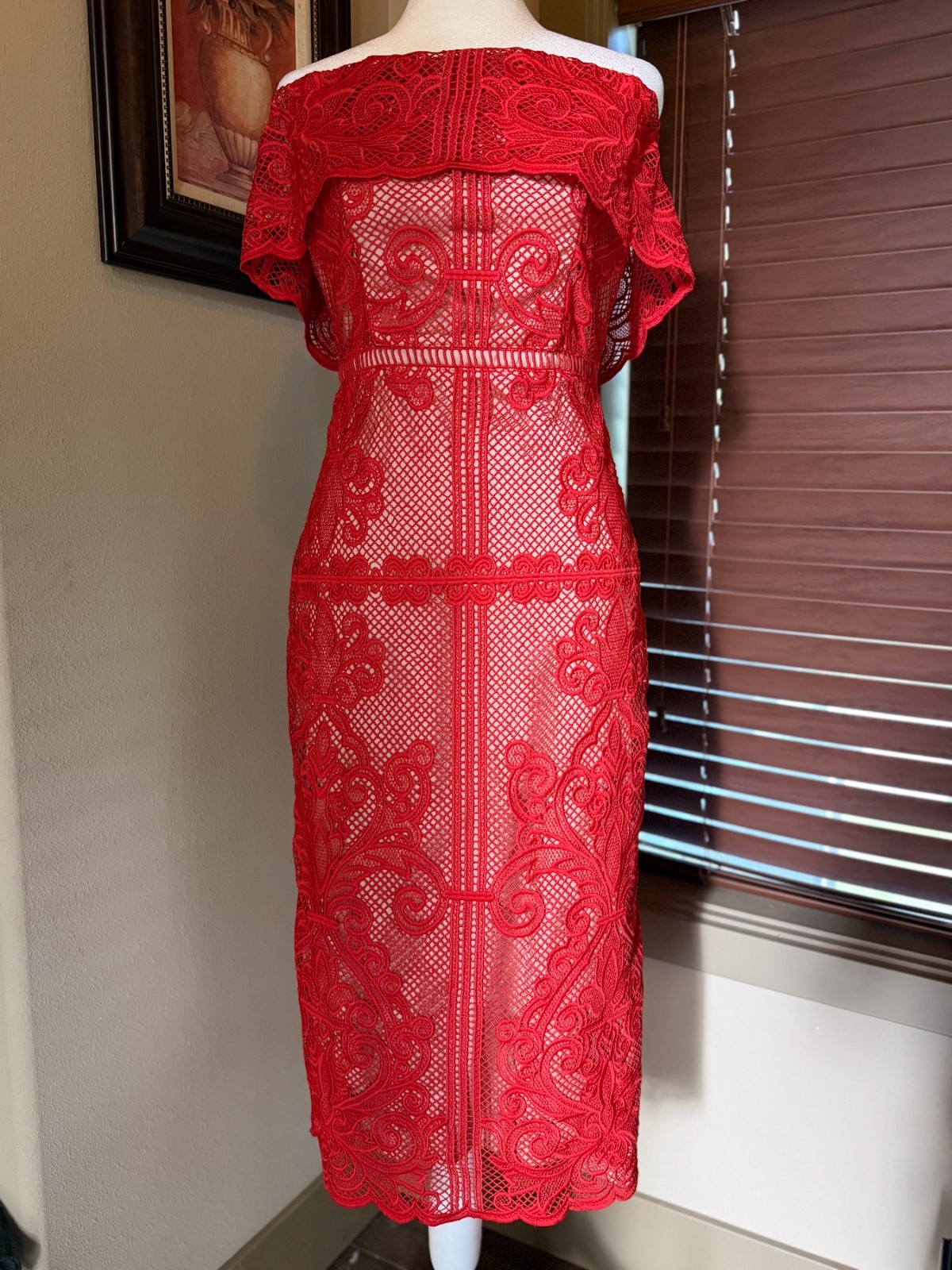 Stylestalker Small Stella Lace Off Shoulder Midi Pencil Dress Red Nude Lace