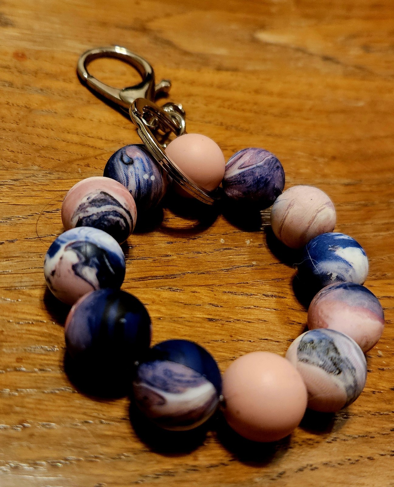 Wristlet Keychain Homemade From Silicone Beads. Pretty Blue And Ocean Colors