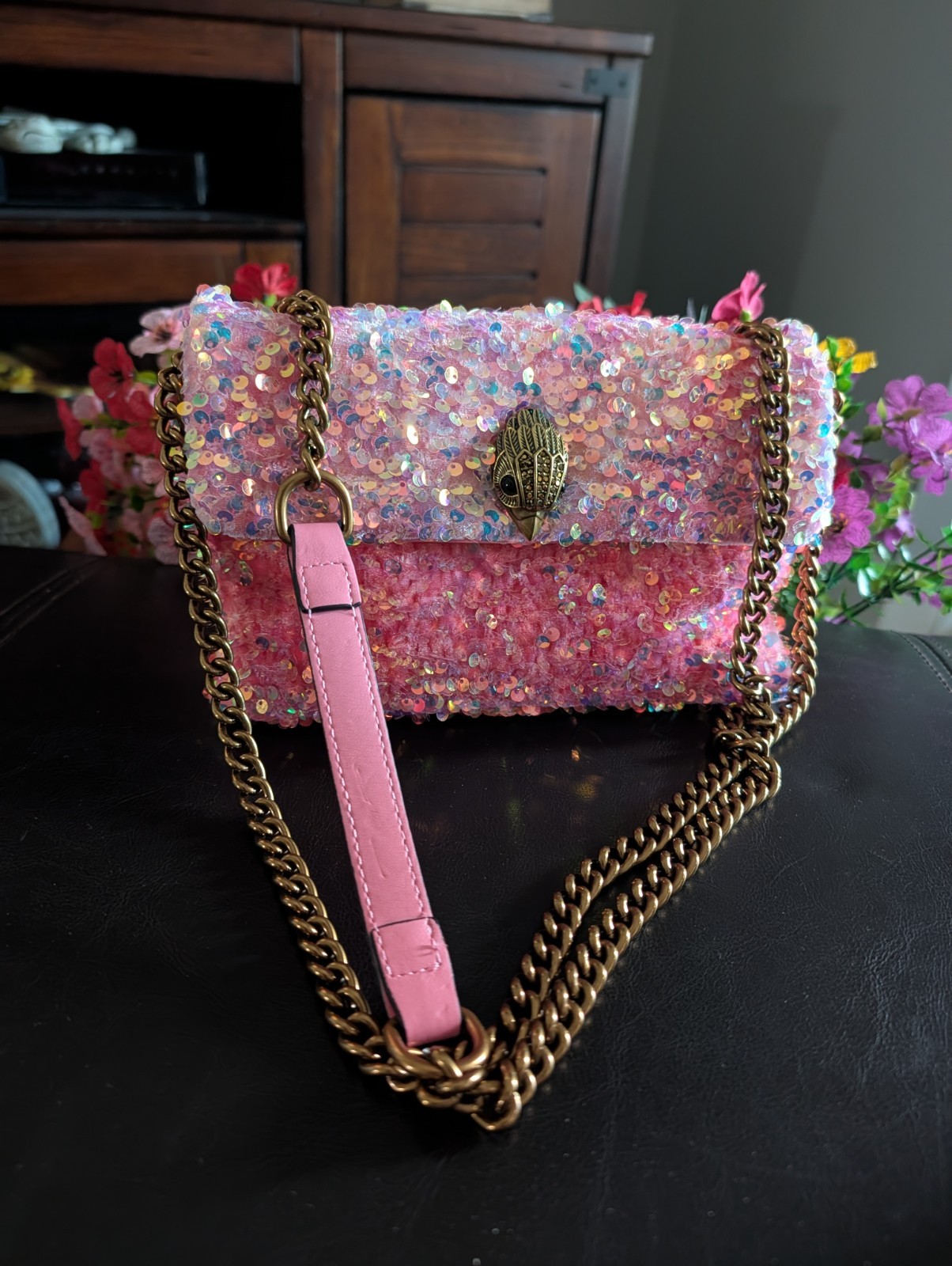 Kurt Geiger Kensington Pink Sequin Small Shoulder Bag Gold Chain Strap Lined
