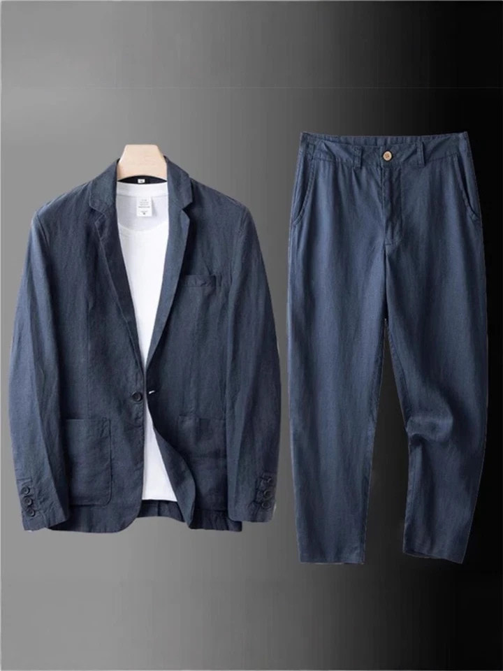 Share 2 Pc Men Two Button Suit Summer Linen Causal Blazer Pants Coat Beach
