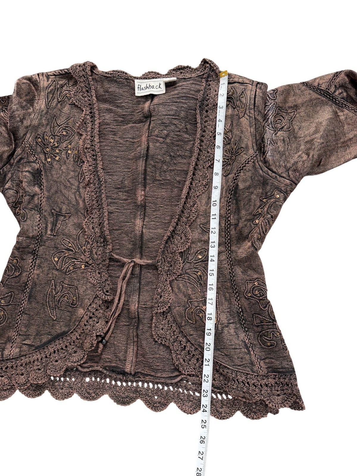 Flashback Womens Size S Cardigan Embroidered Crochet Trimmed Brown Artsy