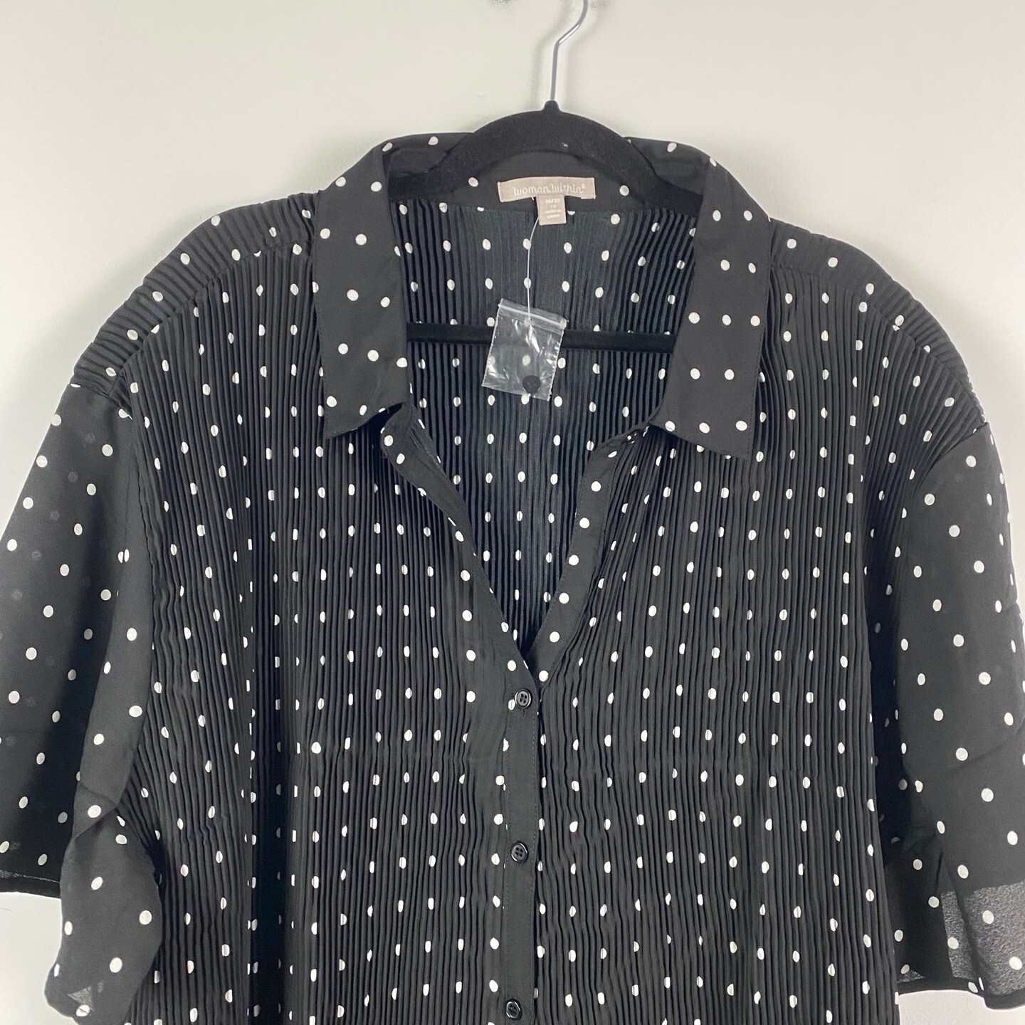 Woman Within Blouse In Crinkle Georgette Size 3X Black White Polka Dot Short Slv