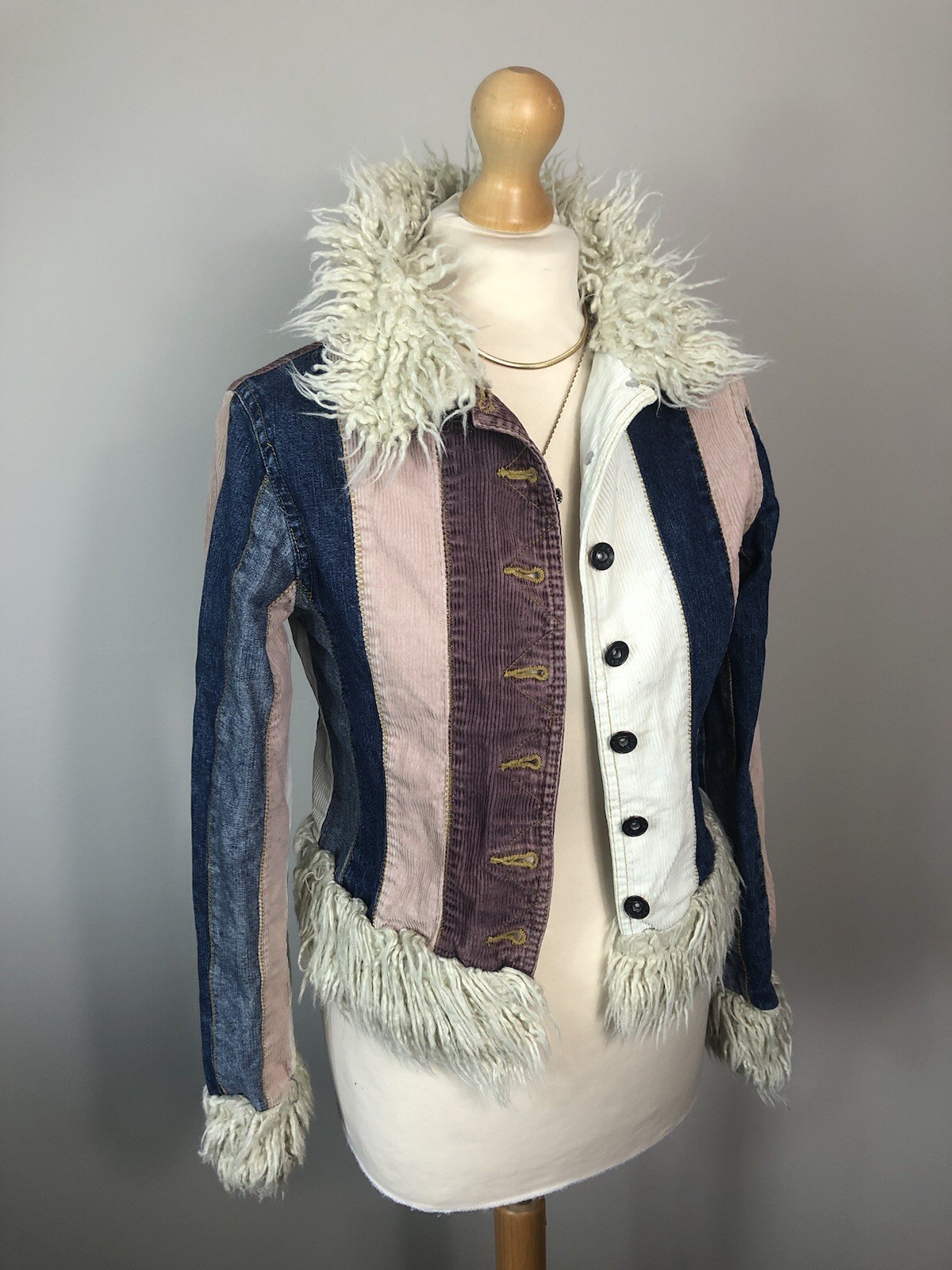 Miss Posh Denim Cord Striped short Penny Lane Afghan coat Jacket Size 8