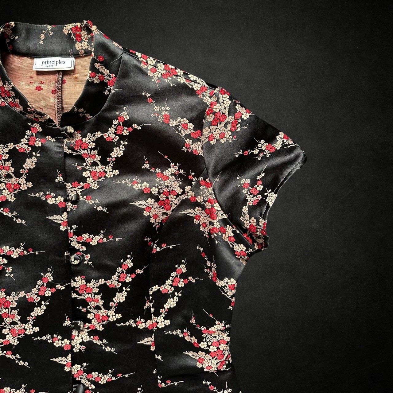 Principles Womens Y2K Asian Inspired Top 14 Black Red Floral Fitted Blouse 90s