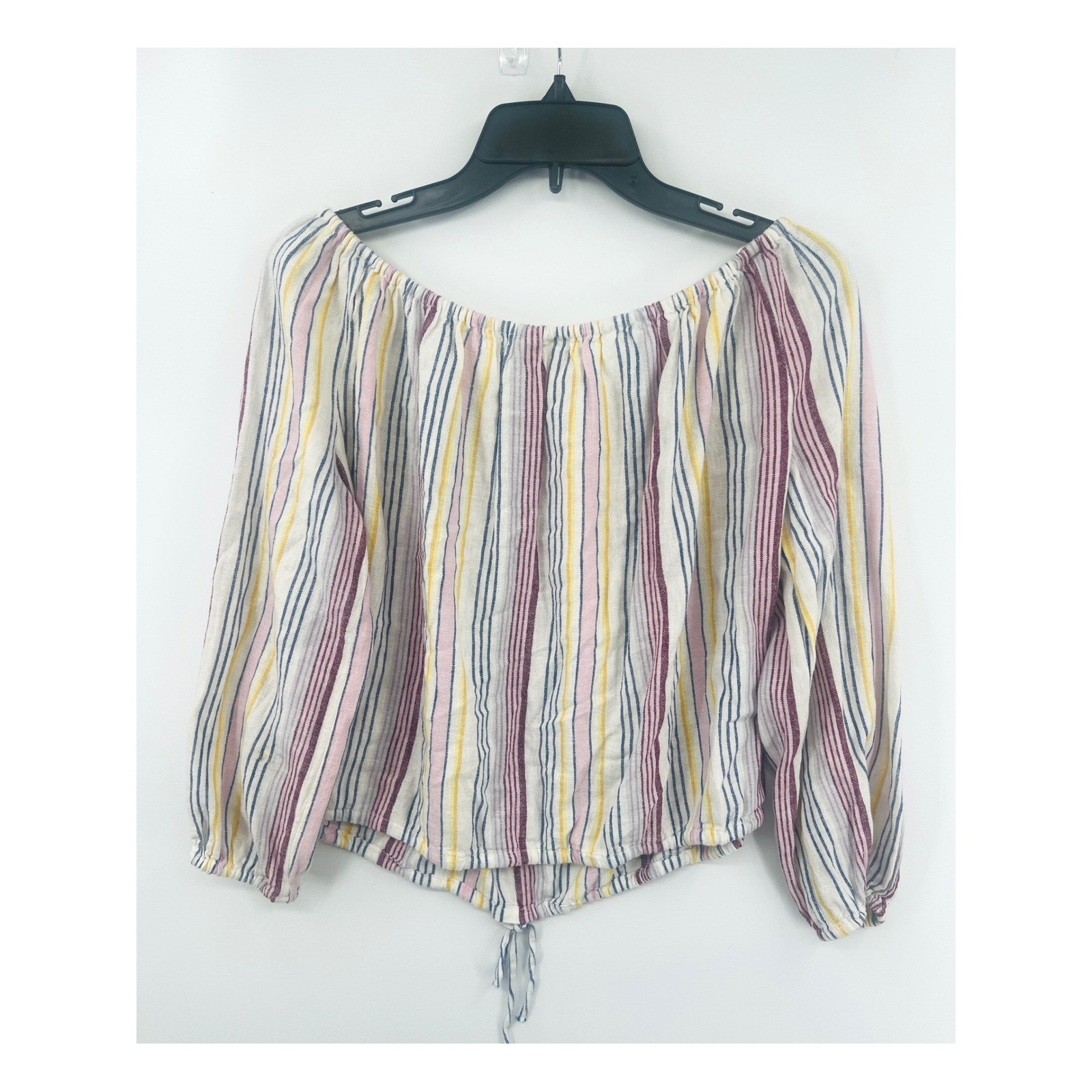 Gap Off The Shoulder Top Size S Multi Color Striped Linen Blend Tie Hem Beachy