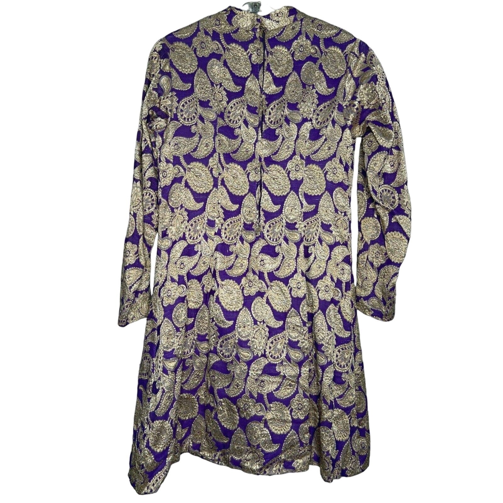 Vintage 70s Size Small Purple Gold Brocade MIni Dress Metallic Paisley MockNeck