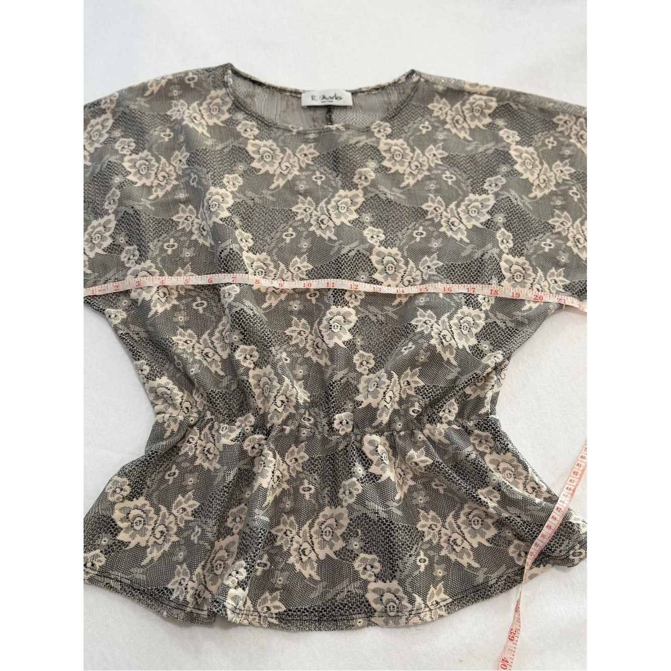 Vintage R Marks New York Sheer Lace Peplum Blouse Black Ivory Floral Mesh Top M