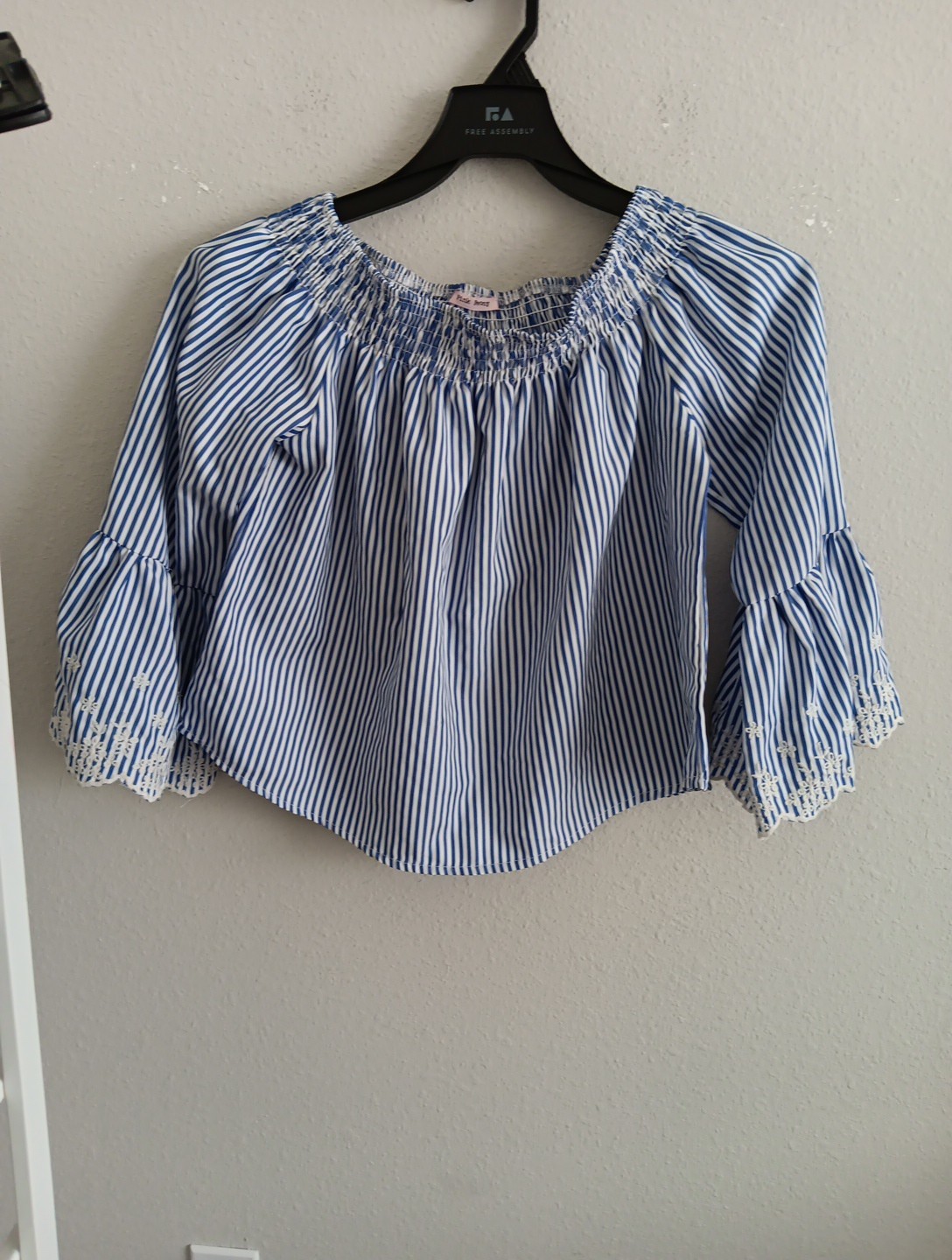 Blue Stripe Pink Peony Size Large Off The Shoulder Bell Sleeves
