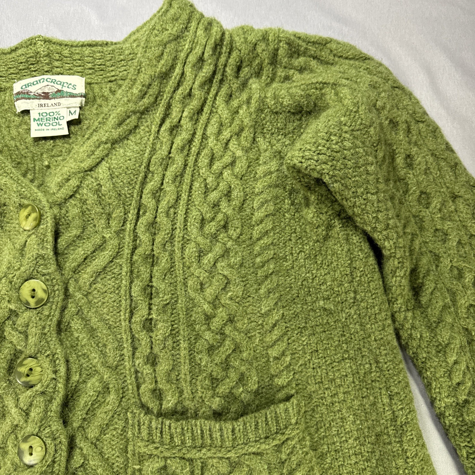 Aran Crafts Cable Knit Cardigan Womens M Green Merino Wool Ireland Cottagecore