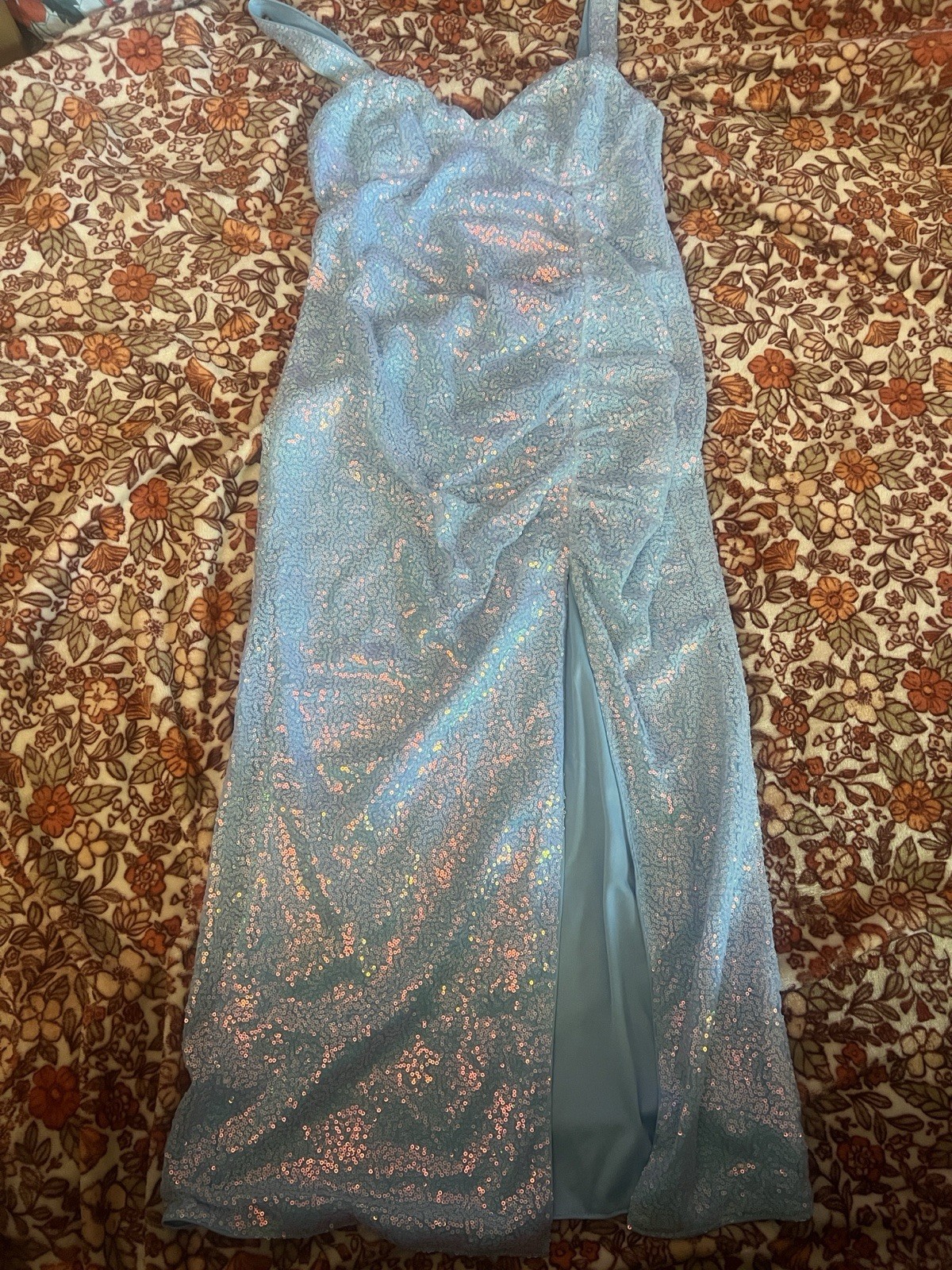 DOUBLE CRAZY Women’s L Blue Glitter Satin Sweetheart Bodycon Long Side Slit