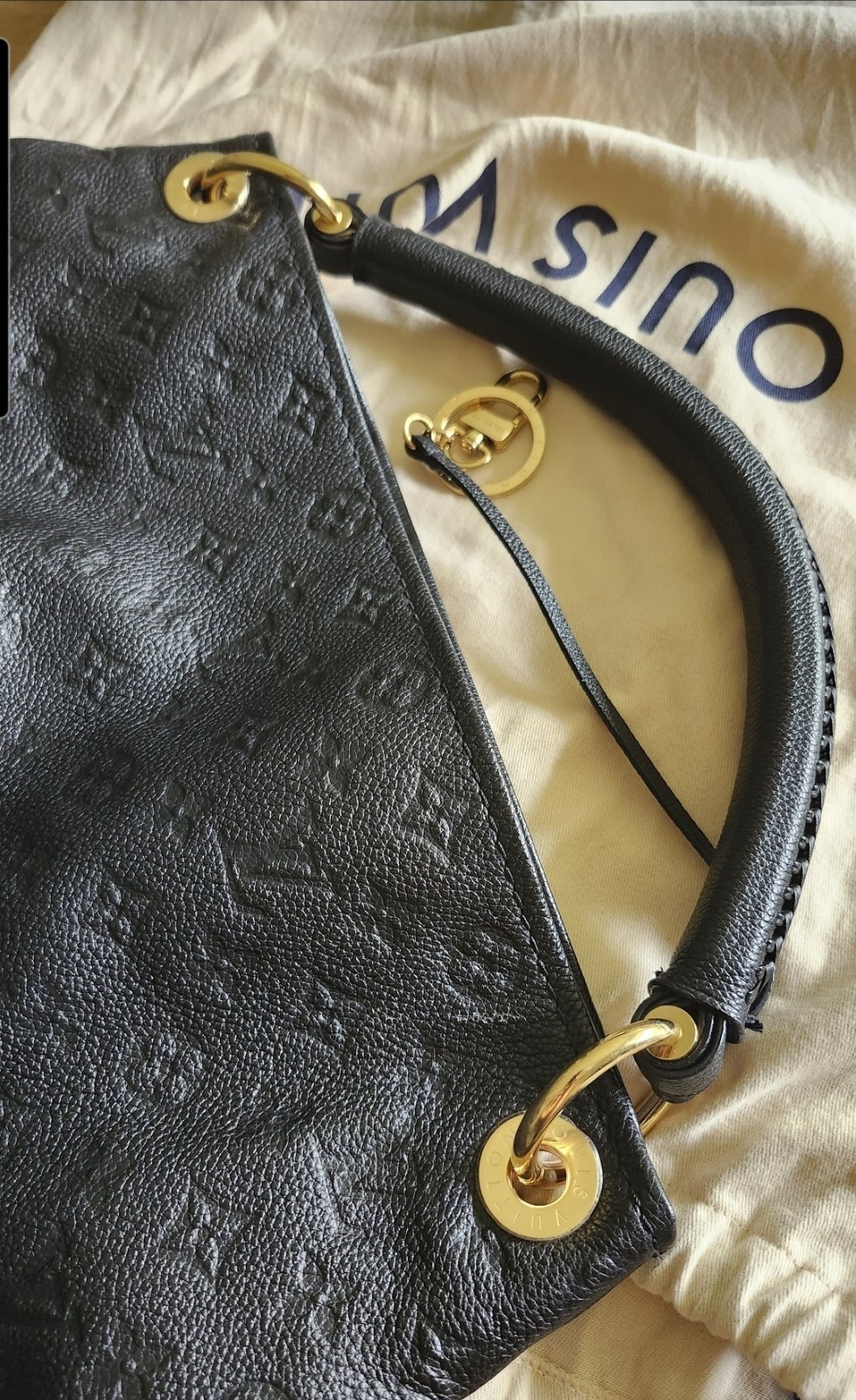 Louis Vuitton Black Monogram Embossed Large Satchel Zip Gold Hardware Dust Bag